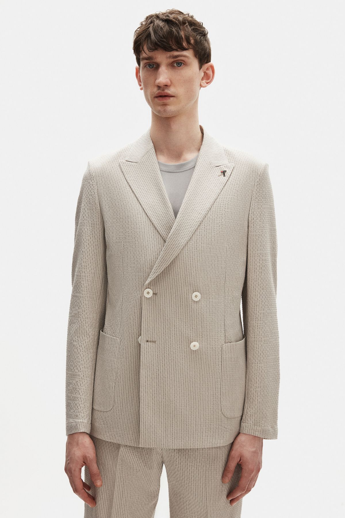 Tween Slim Fit Vizon Çizgili Kumaş Ceket