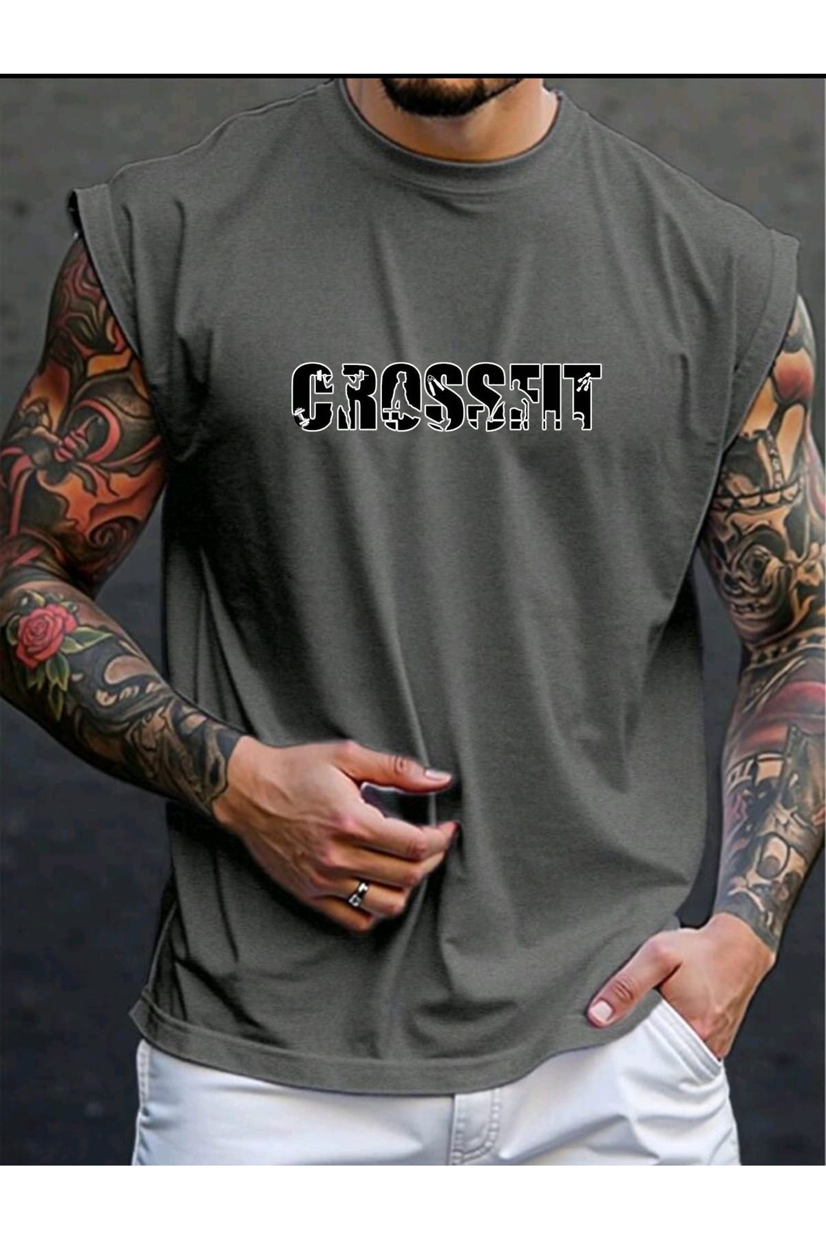 FAVORİST CROSSFIT Baskılı Kolsuz tshirt Erkek Sıfır Kol Giyim Spor Giyim Oversize T-SHİRT