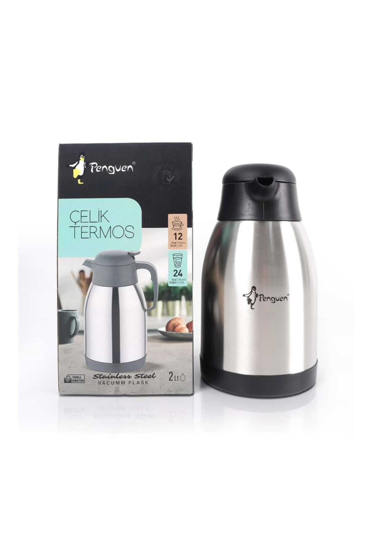 abnturk 2 Litre Penguen 304 Kalite 18/10 Çelik Termos Çift Kat Çelik 24 Saat Koruma
