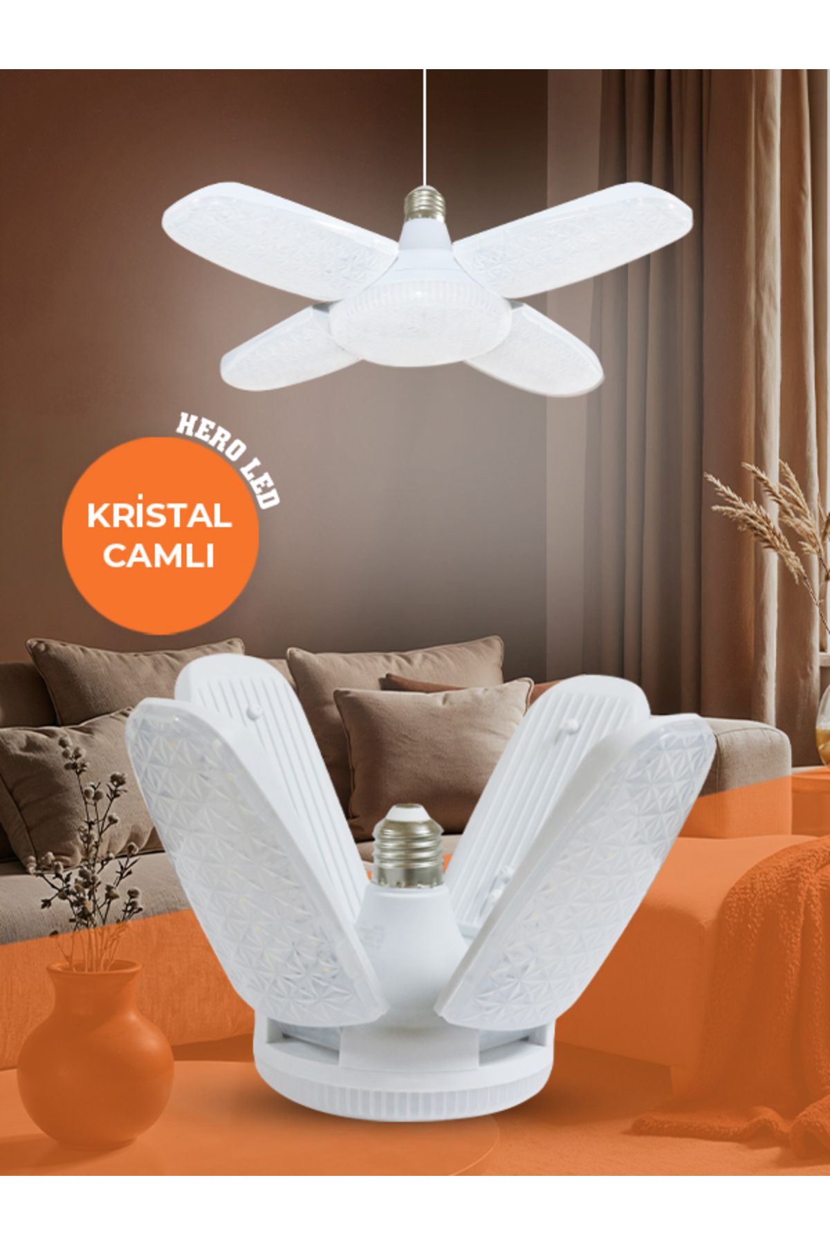 Hero Led HL-7111 60W 4+1 Kristal Camlı Pervane Led Ampul Katlanabilir 4 Kanatlı Süper Güçlü E27 Lamba