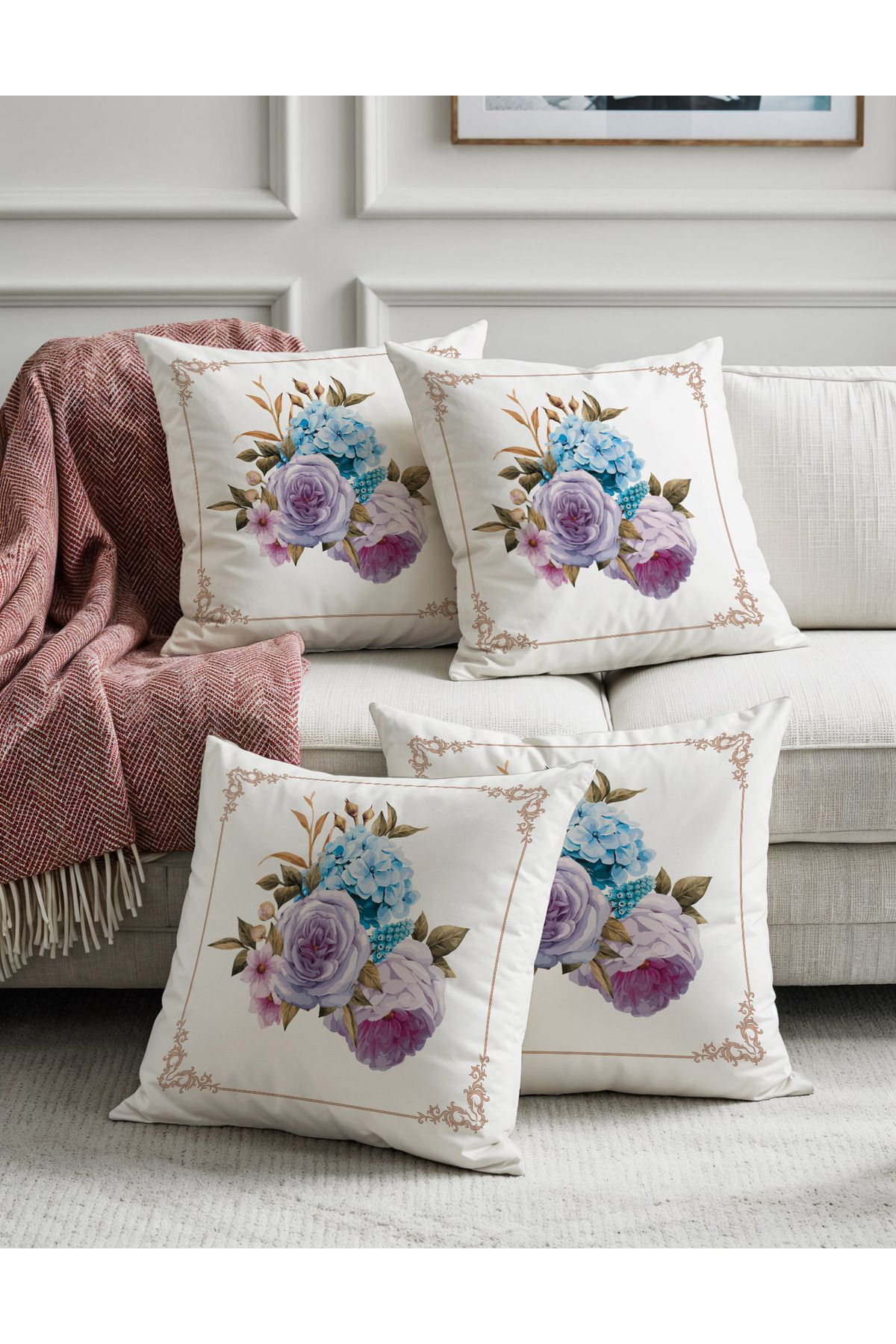 Pillow Home Beyaz Zemin Pembe Mor Çiçek Desenli Dijital Baskılı Dekoratif 4lü Kırlent Kılıfı Seti
