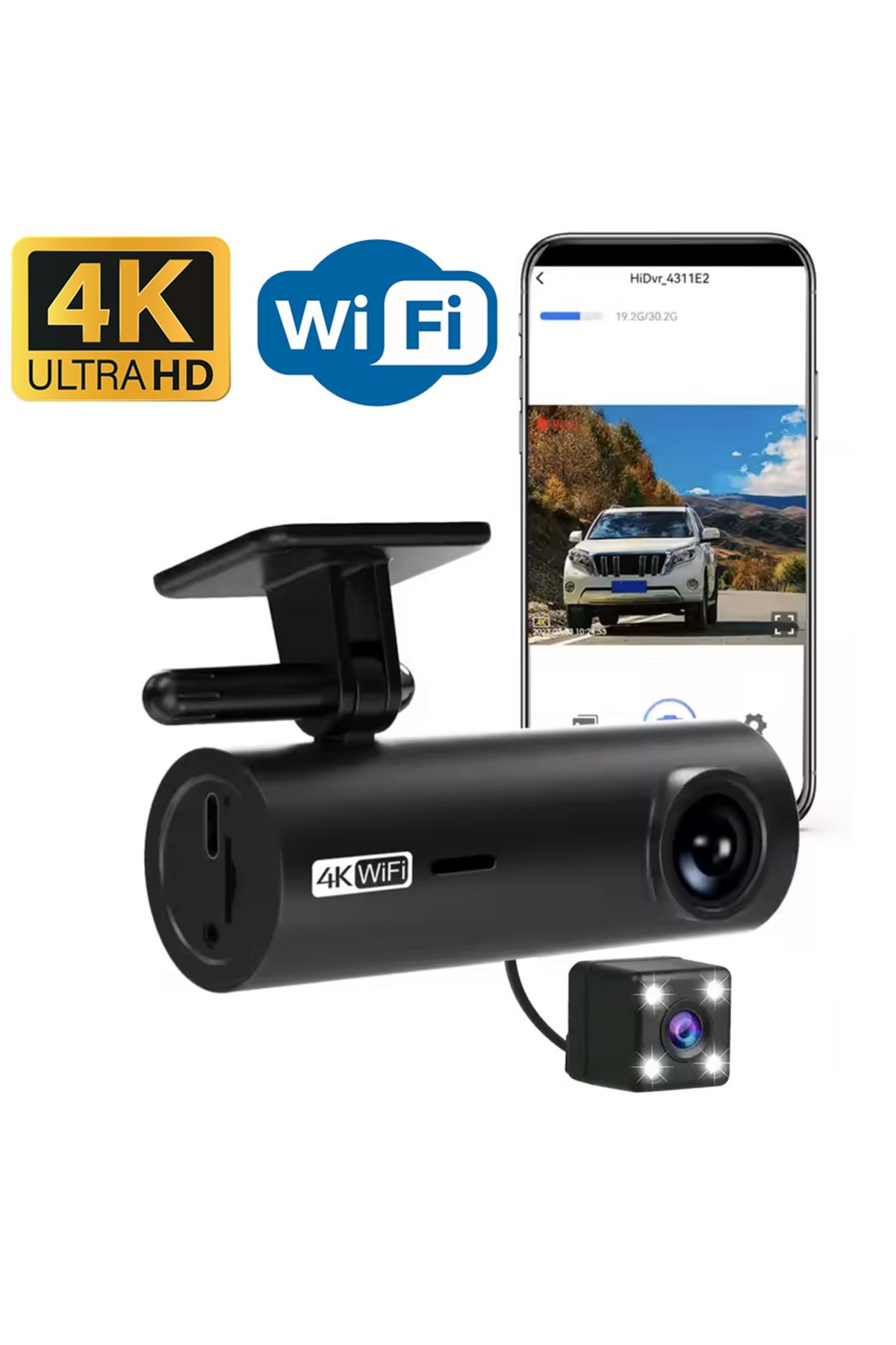 Venas Geniş açı 4K ön 1080p Full HD Arka 2 Kameralı wifi Hafıza kartına kayıtlı araç kamerası
