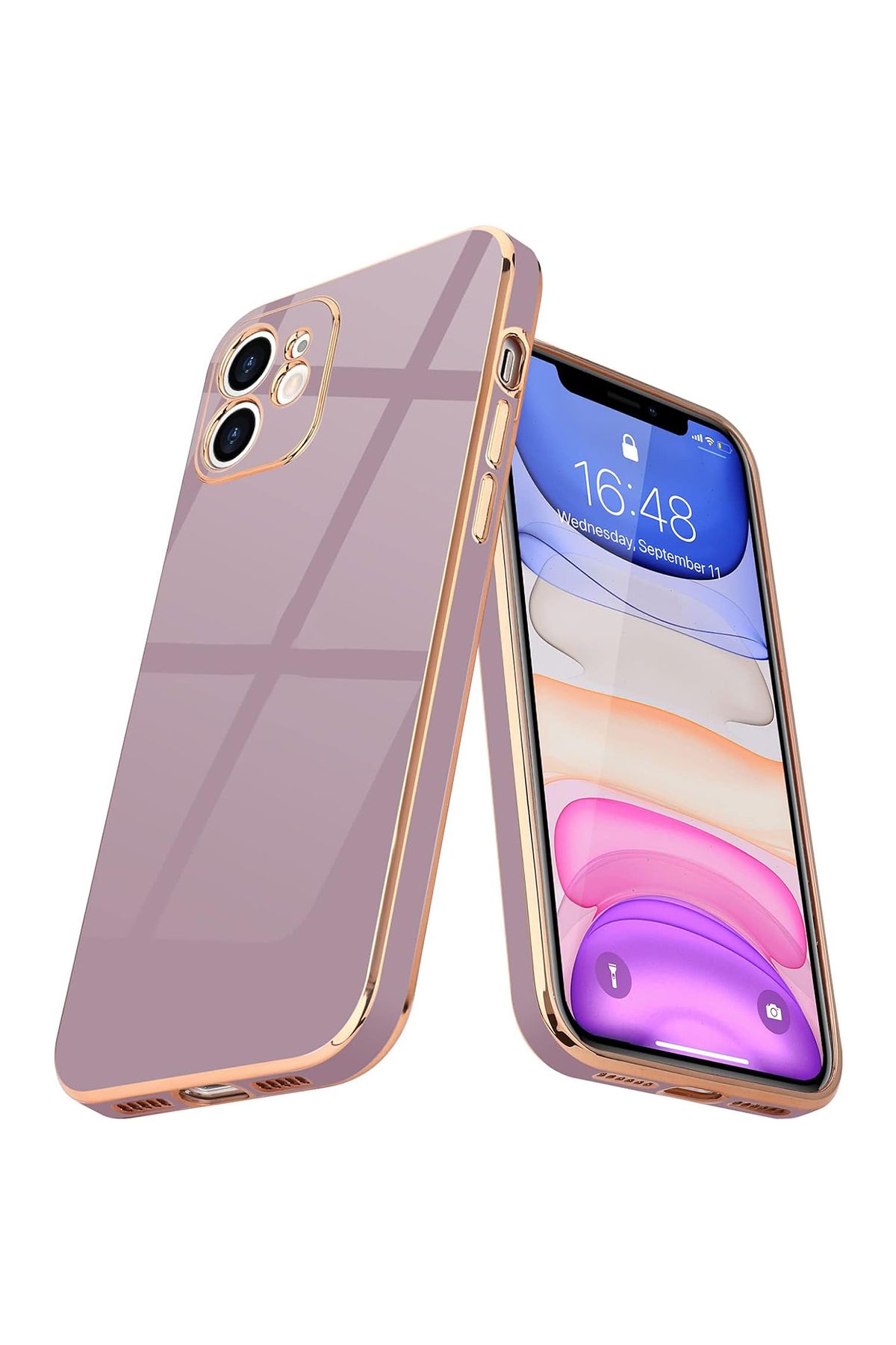 Merwish iPhone 12 Uyumlu Lazer Kesim Gold Çerçeve Mor Kapak Kılıf