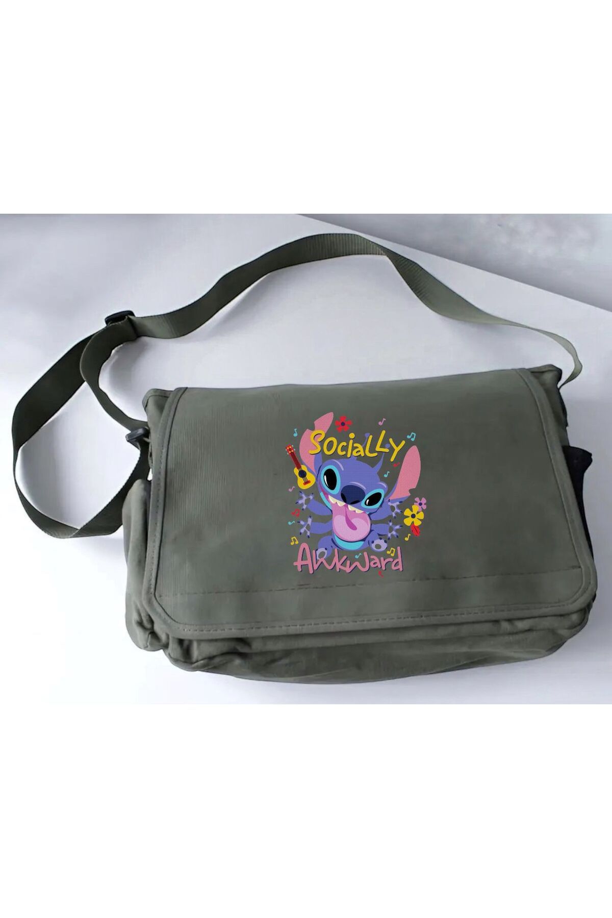 DEEFWEAR Haki Stitch Socially Guitar Baskılı Okul , Kurs , Dershane Postacı Çantası