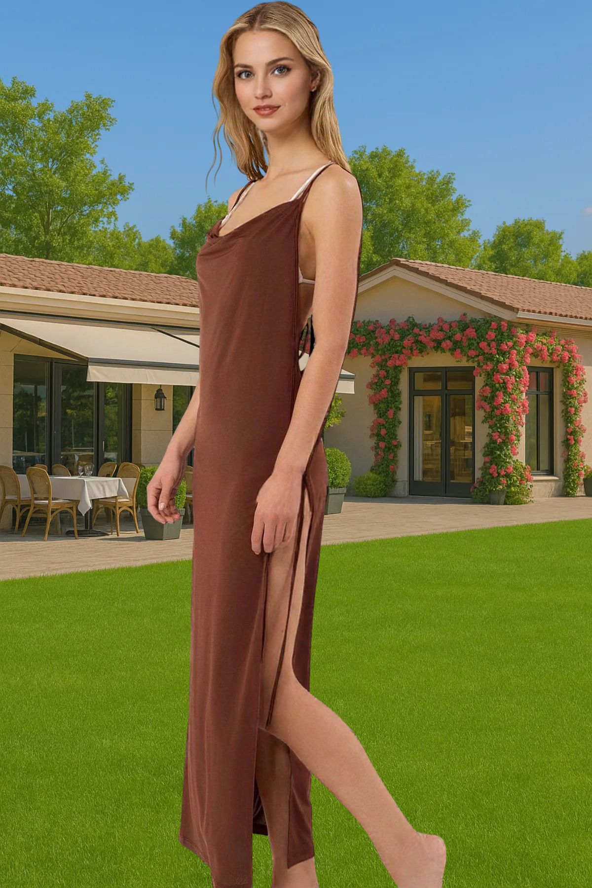 PayBuy Kadın Maxi Örme Plaj Elbise Yandan Bağlamalı Derin Yırtmaçlı Yazlık Premium Kalite Dayanıklı Malzeme