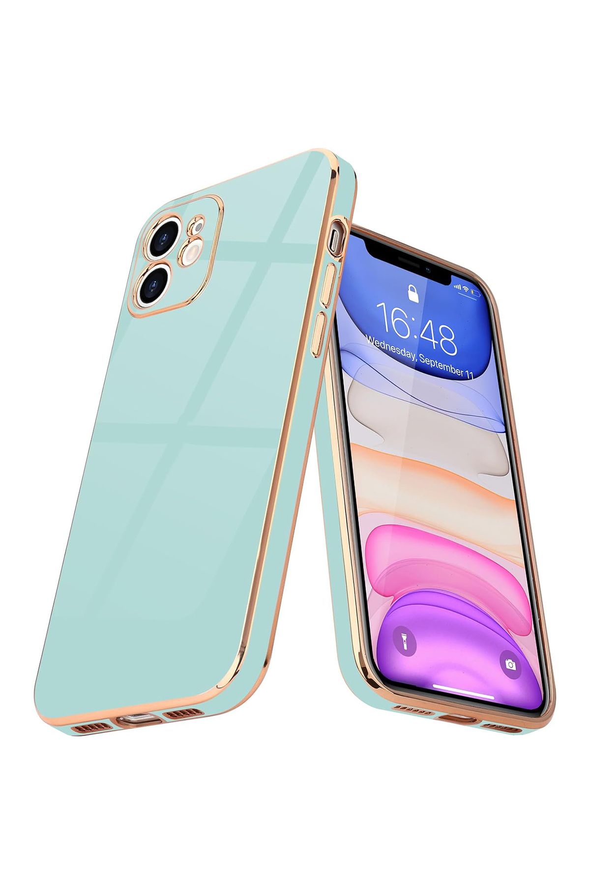 Merwish iPhone 12 Uyumlu Lazer Kesim Gold Çerçeve Yeşil Kapak Kılıf