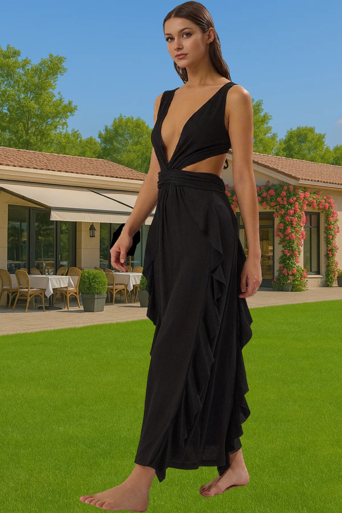 PayBuy Maxi Örme Cut Out V Yaka Plaj Elbisesi Dokulu Polyester Yazlık Zarifane Tasarım Yüksek Kalite