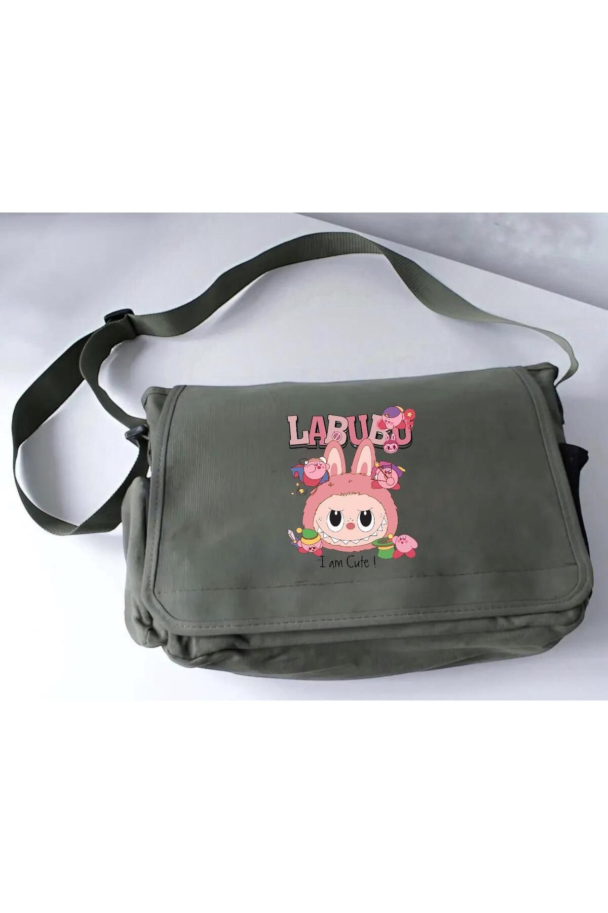 DEEFWEAR Haki I am Cute Labubu Baskılı Okul , Kurs , Dershane Postacı Çantası