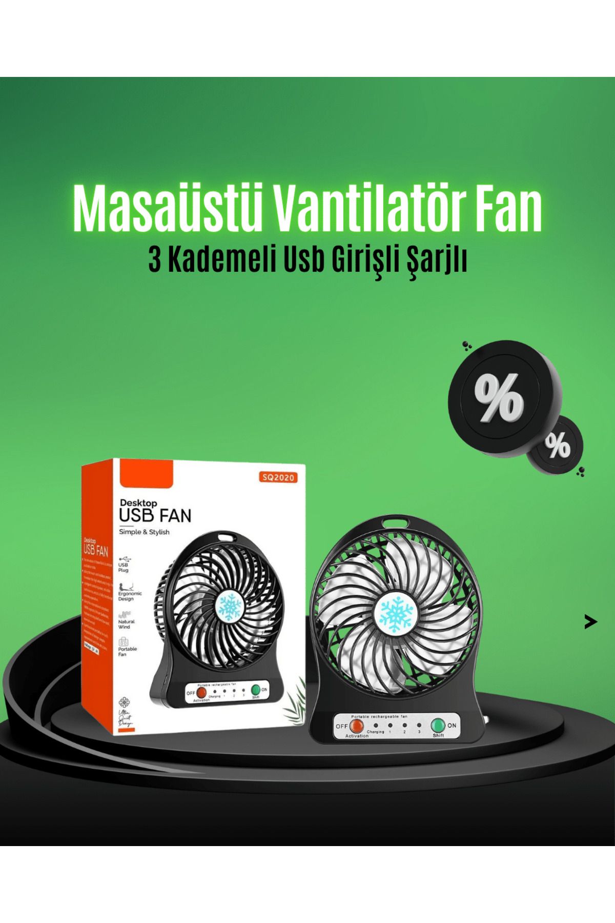 FTA TİCARET Mini USB Fan – Şarj Edilebilir, Işıklı, 3 Kademe, Taşınabilir Masaüstü Vantilatör