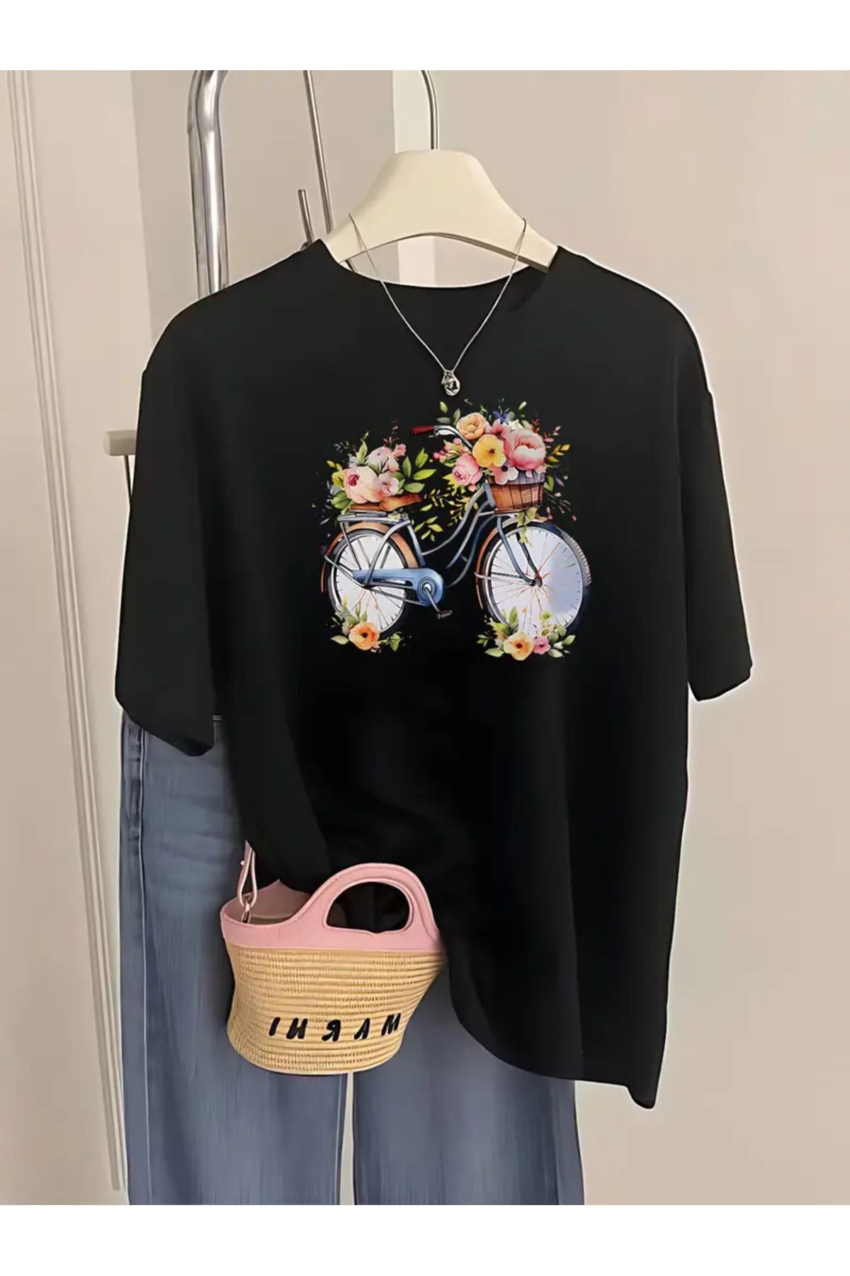 CLASİVA Bisiklet Çiçek Sepeti,Baskılı Oversize Bisiklet Yaka t-shirt