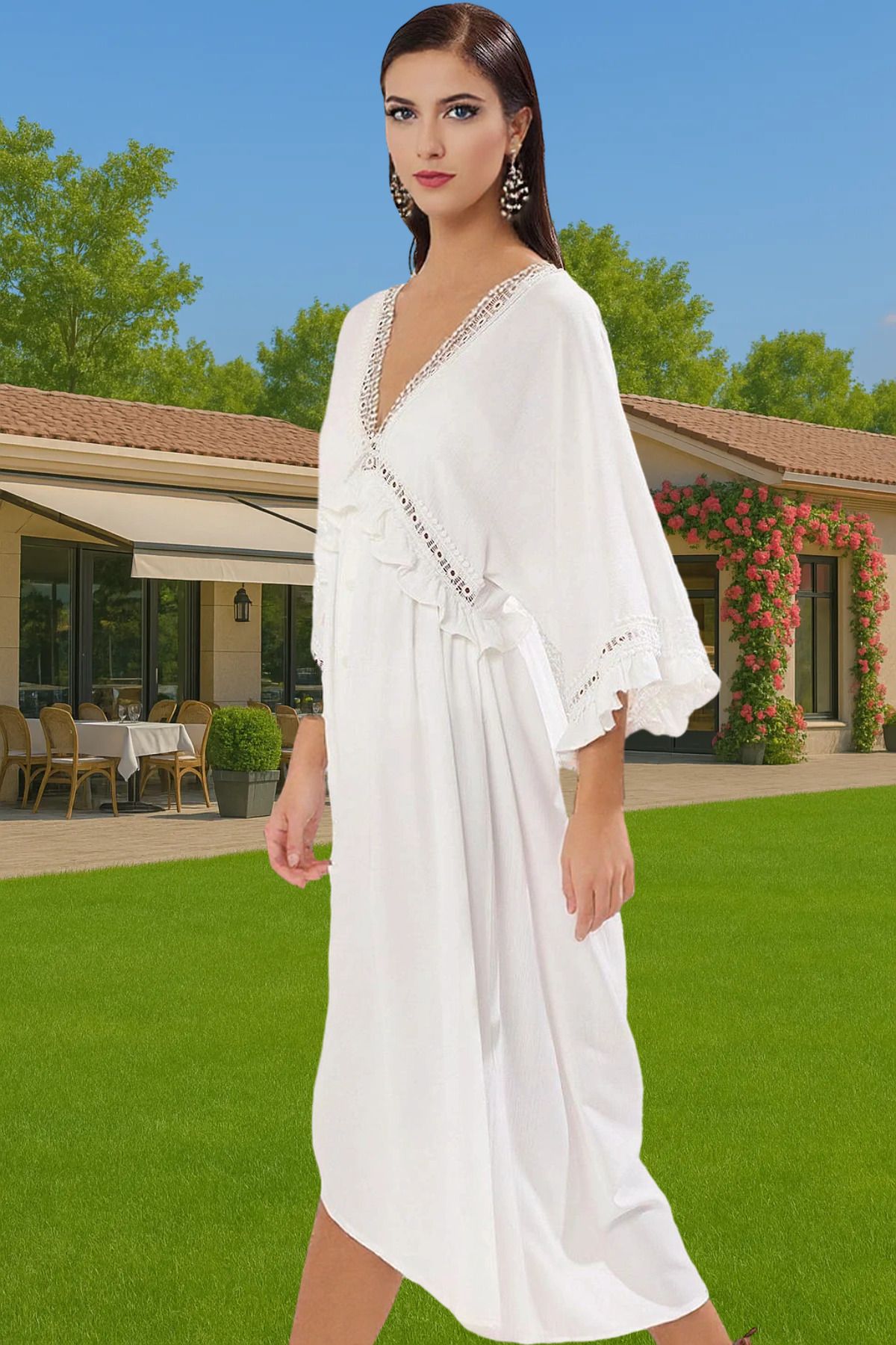 PayBuy Maxi Dokuma Volanlı Plaj Elbisesi Viskoz Polyester Yaz Yüksek Kalite Konforlu Kesim Modern Stil