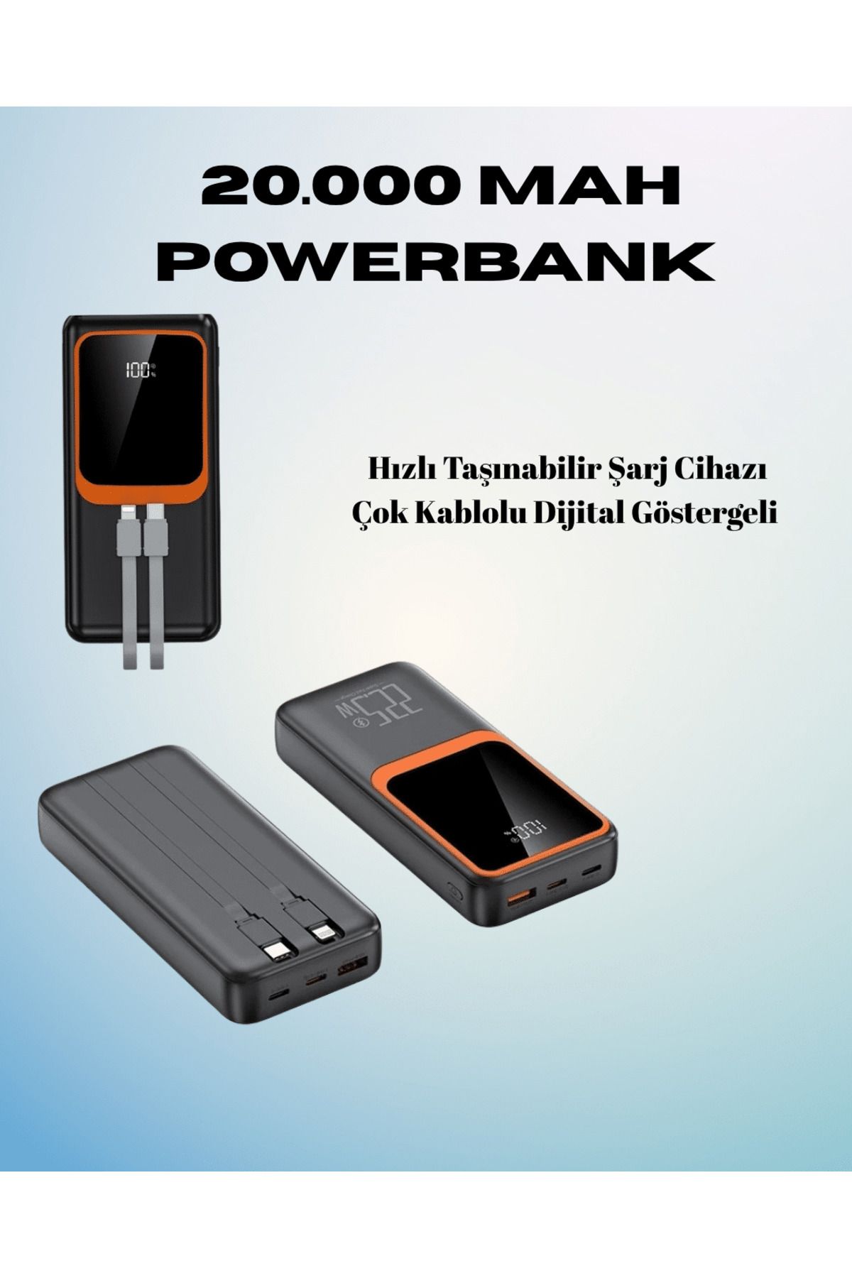 FTA TİCARET 20000 mAh Powerbank | Çok Kablolu, Dijital Göstergeli, Yüksek Hızlı Şarj Cihazı