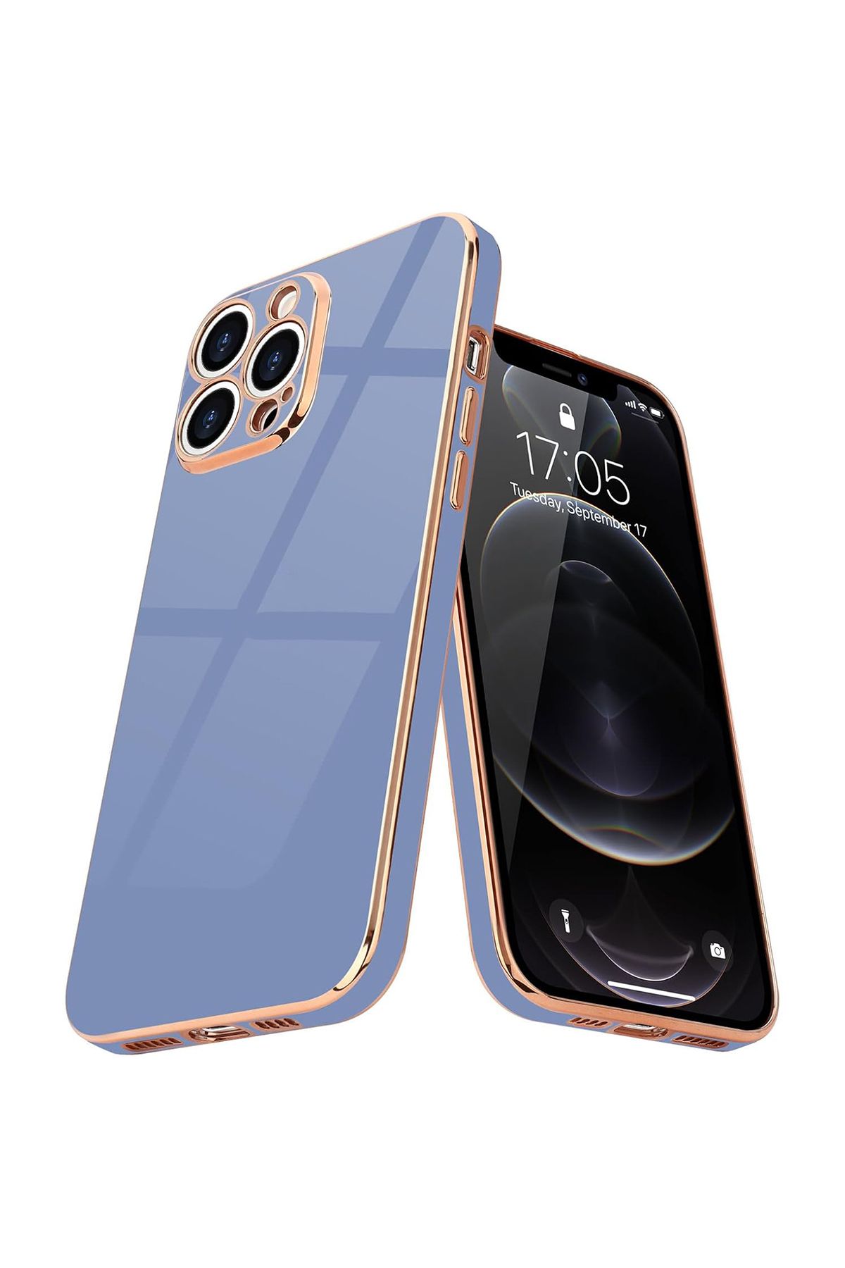 Merwish iPhone 12 Pro Uyumlu Lazer Kesim Gold Çerçeve Mavi Kapak Kılıf
