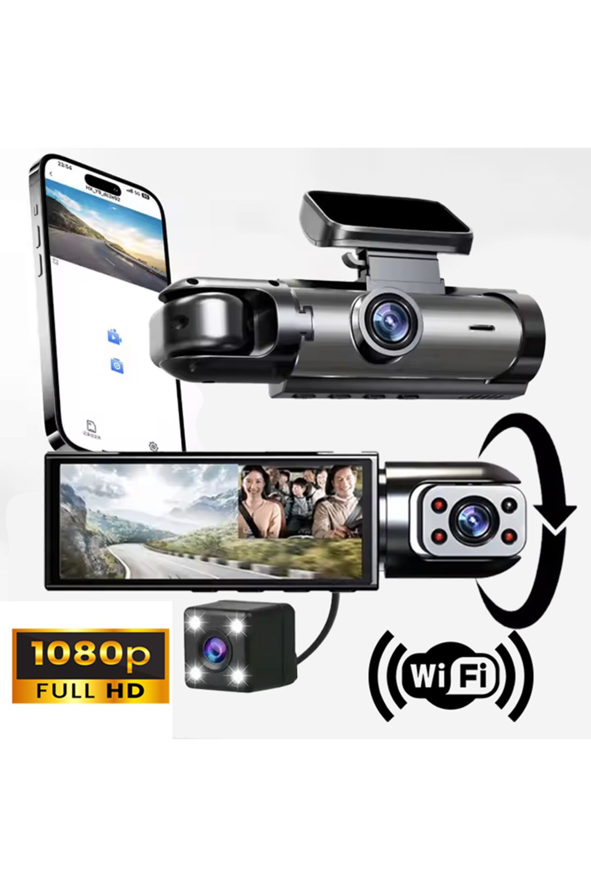 Venas Geniş açı 1080p Full HD 3 Kameralı wifi Hafıza kartına kayıtlı araç kamerası.