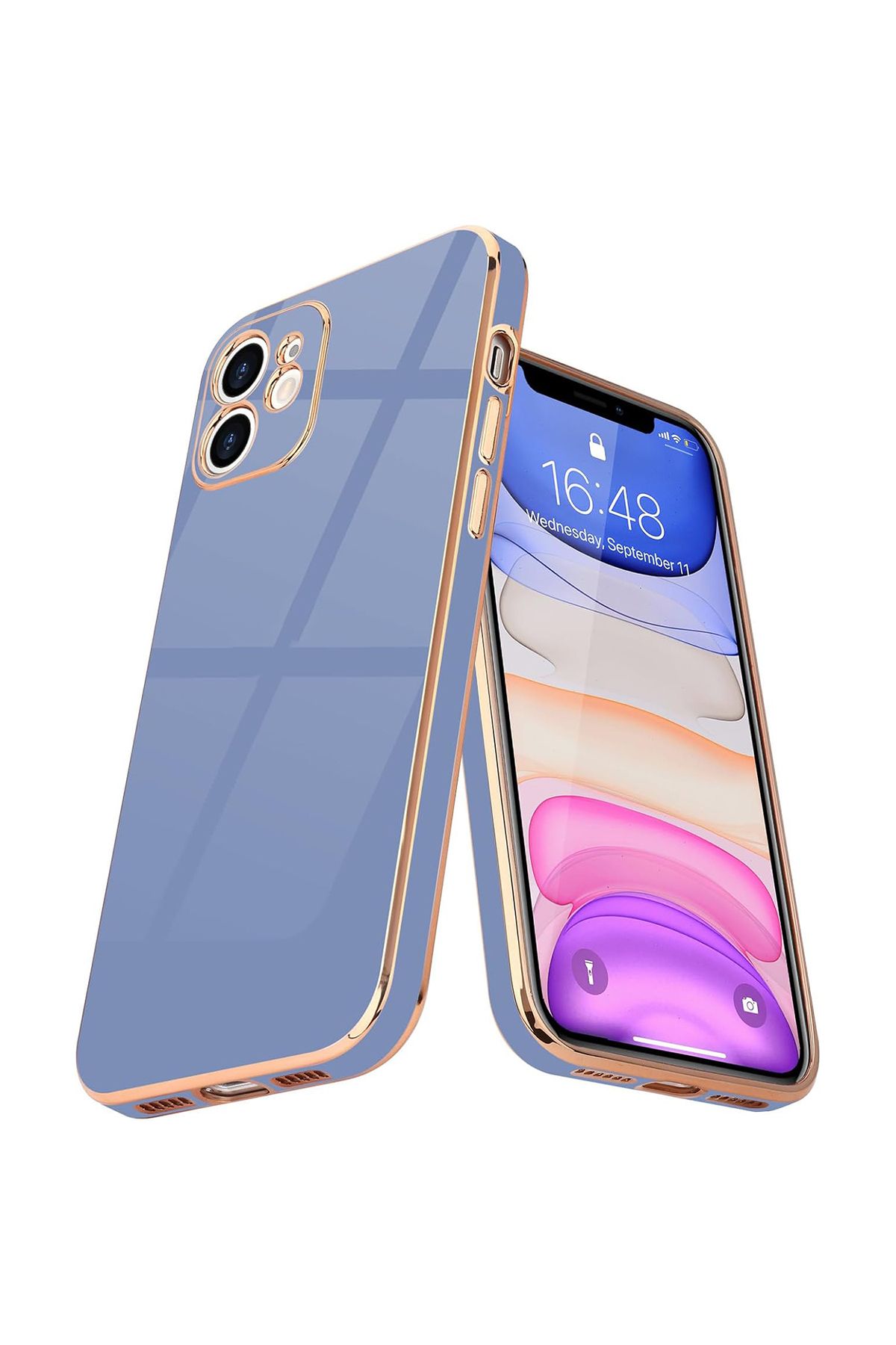 Merwish iPhone 12 Uyumlu Lazer Kesim Gold Çerçeve Mavi Kapak Kılıf