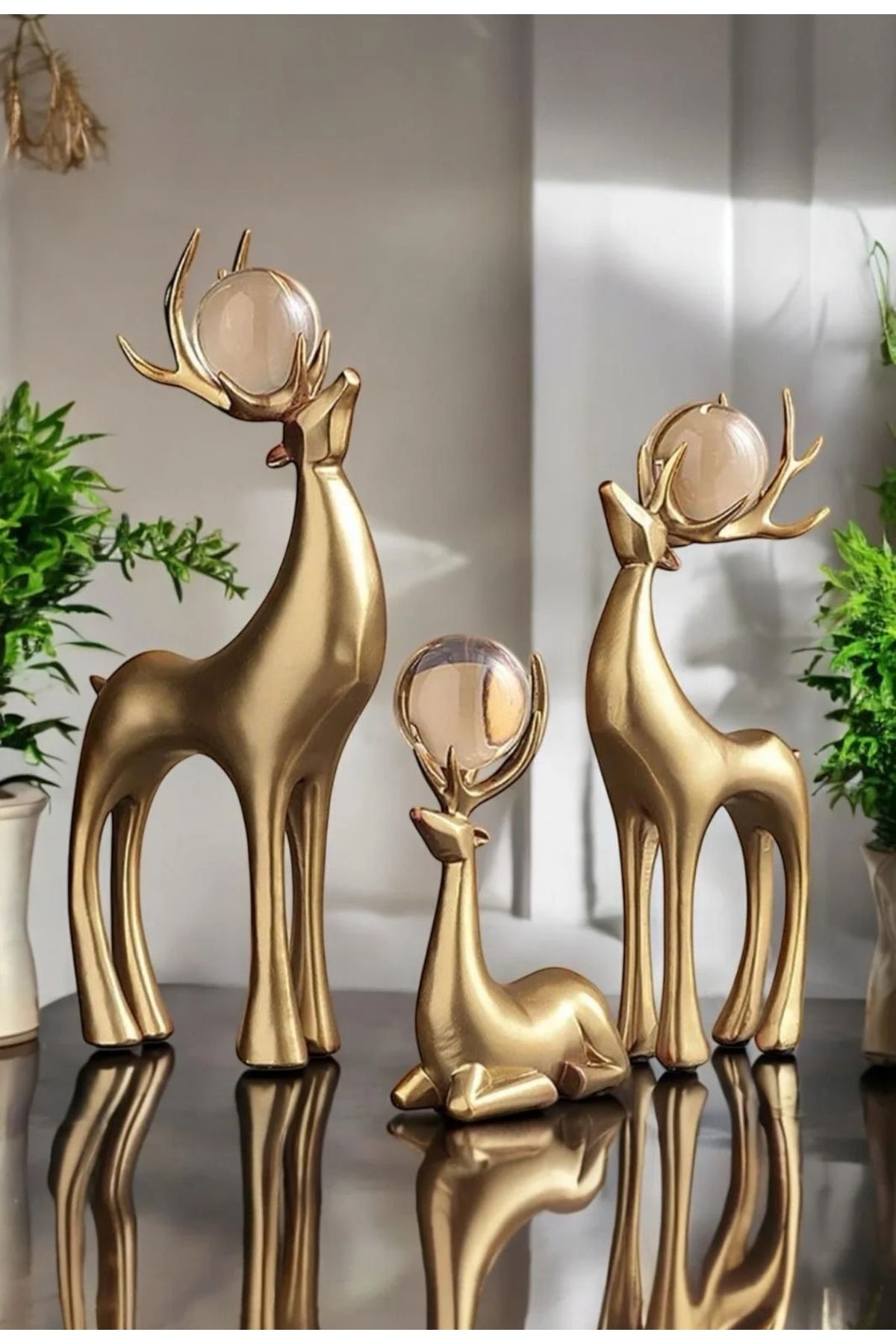 ArzzHome 3'lü Dekoratif Geyik Aksesuar & Biblo Takımı GOLD