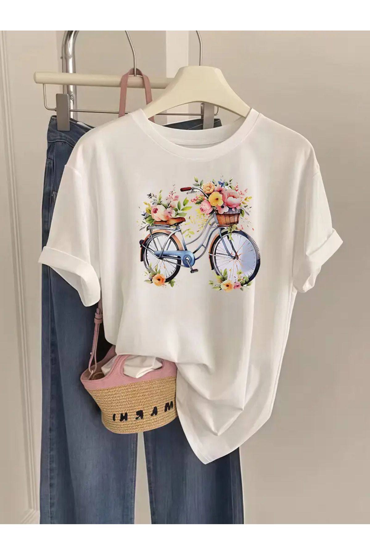 CLASİVA Bisiklet Çiçek Sepeti,Baskılı Oversize Bisiklet Yaka t-shirt