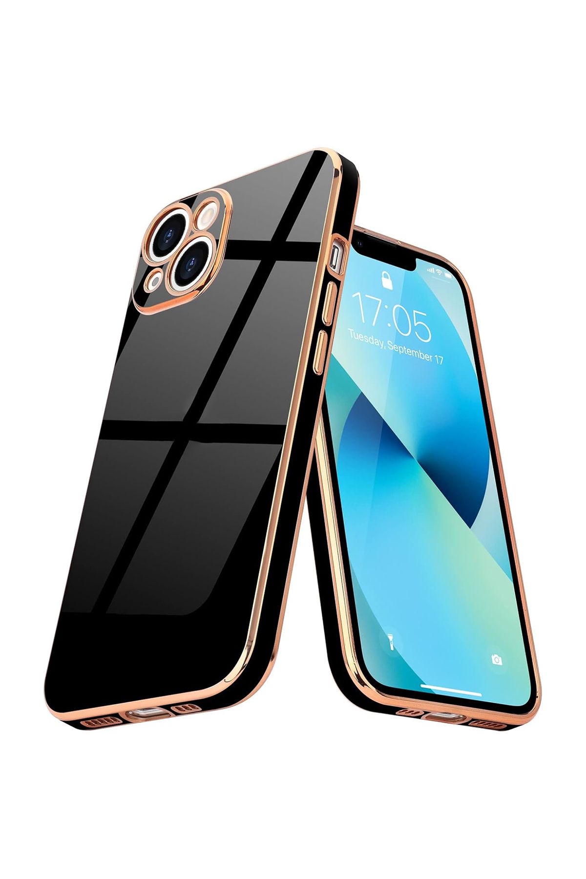 Merwish iPhone 13 Uyumlu Lazer Kesim Gold Çerçeve Siyah Kapak Kılıf