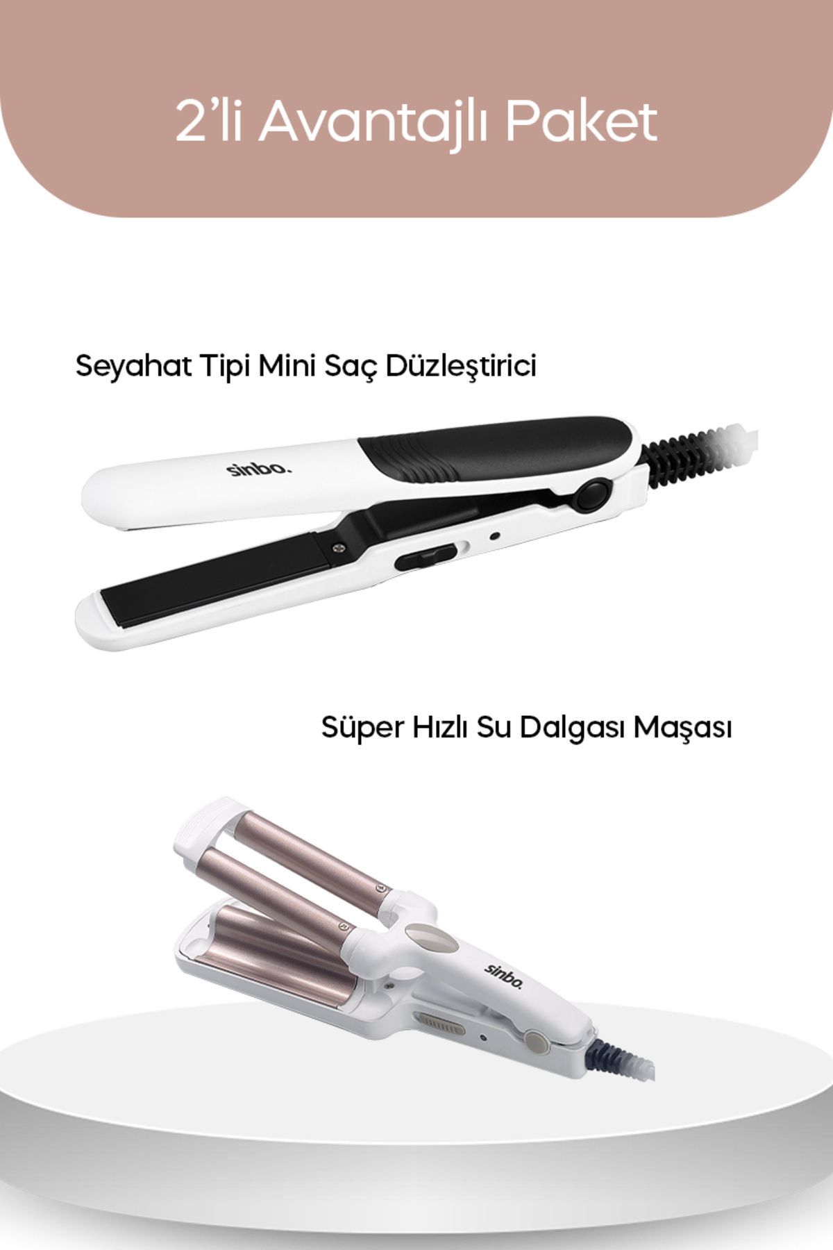 Sinbo Seyahat Tipi Saç Düzleştirici, Su Dalgası Saç Maşası 2'li Set Mini Shd-1712/ 1713