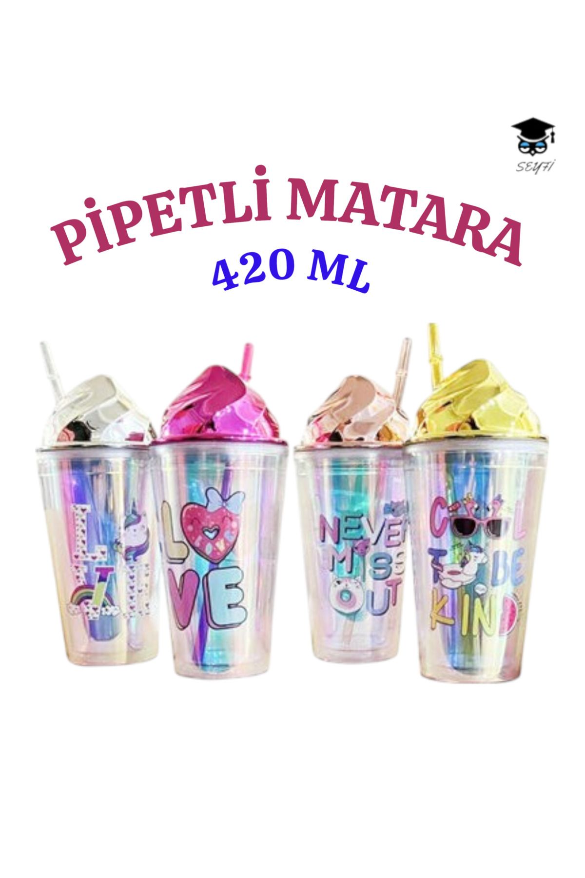 SEYFİKİRTASİYE 1 adet Desenli plastik pipetli bardak 420ml karma renk yollanmaktadır