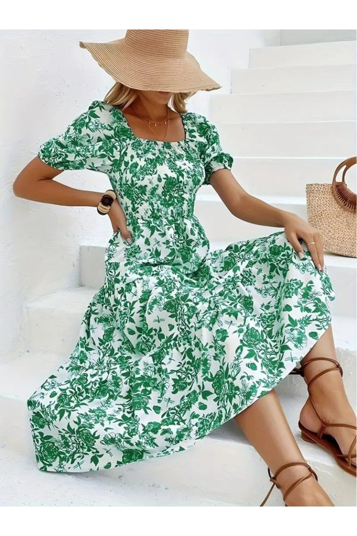velmorafashion Kadın Kısa Kollu Kare Yakalı Lastikli Desenli Süprem Elbise