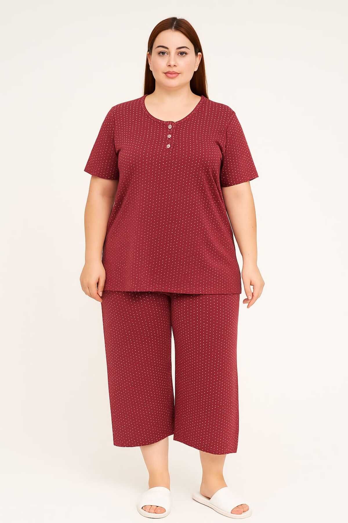 MODA Bordo Renk Nokta Detaylı 3 Düğmeli Büyük Beden Kaprili Pijama Takımı / Battal Beden