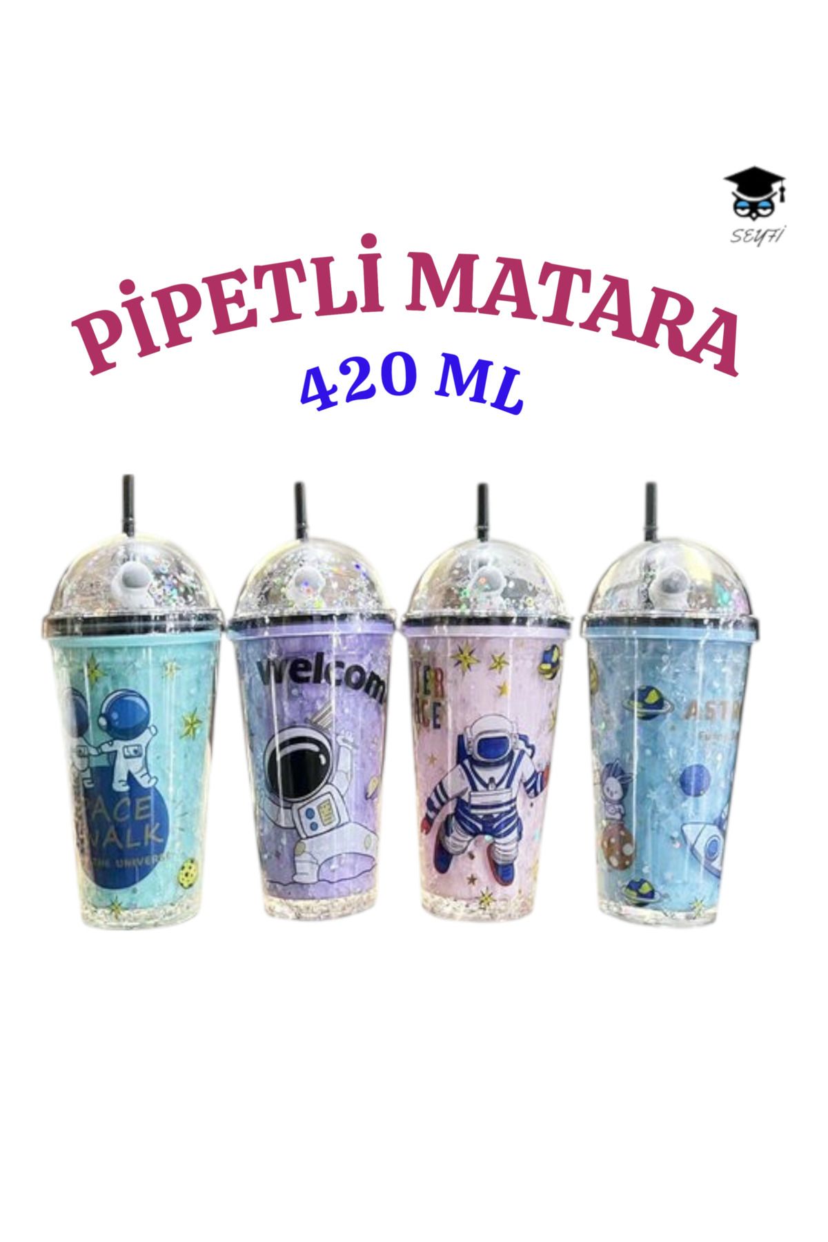 SEYFİKİRTASİYE 1 adet Desenli plastik pipetli bardak 420ml karma renk yollanmaktadır
