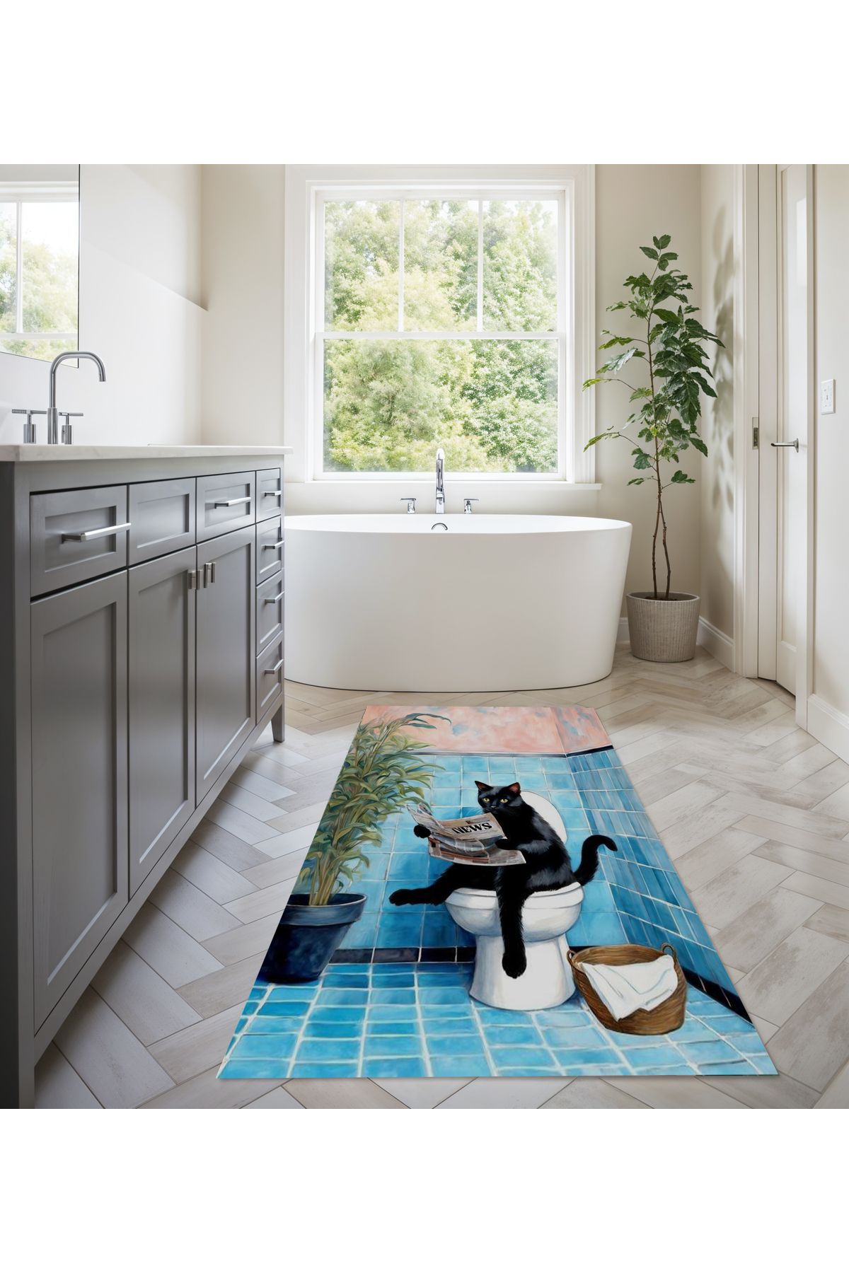 Rugs Modern Halı Kuzey Koleksiyonu Mavi Banyoda Gazete Okuyan Siyah Kedi Dokuma Taban Dekoratif Halı kuzey68