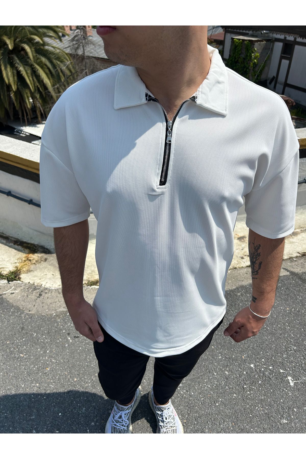 viotale Beyaz Renk Fermuarlı Polo Yaka