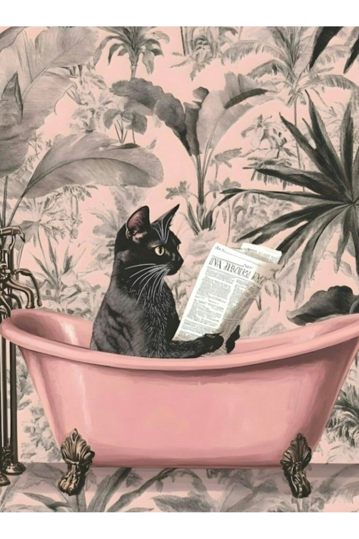Rugs Modern Halı Kuzey Koleksiyonu Pastel Tonlu Küvette Gazete Okuyan Siyah Kedi Dokuma Taban Dekoratif Halı kuzey67