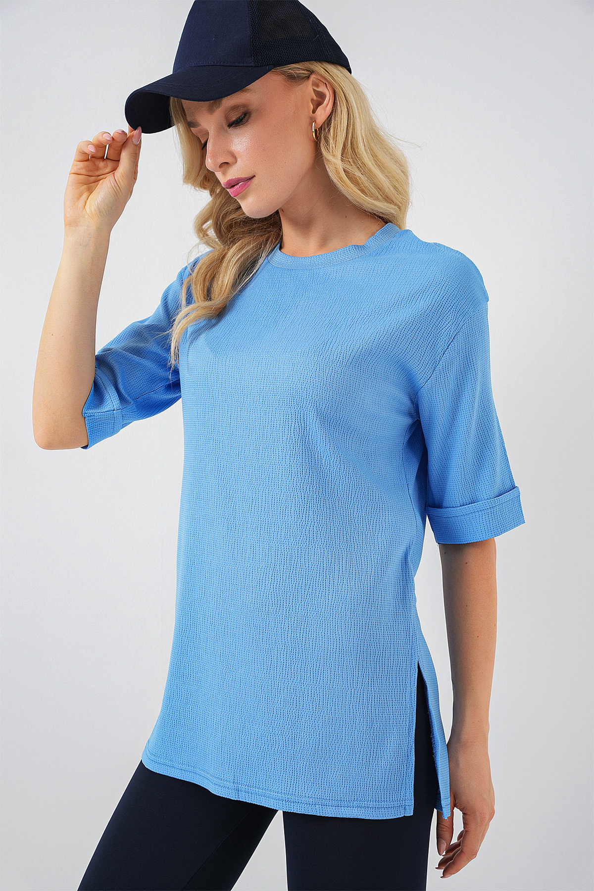 Bigdart-4332 Knitted T-Shirt with Side Slits - B.Blue 4