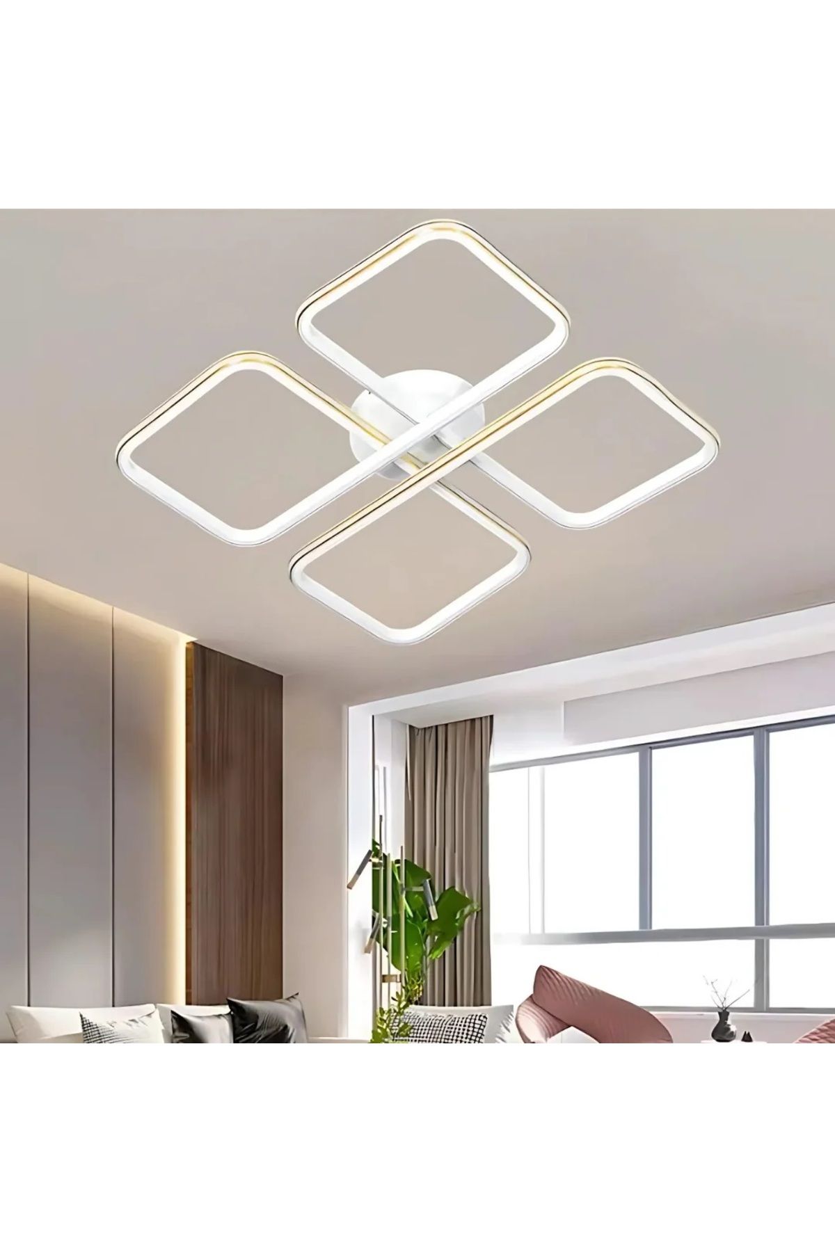 durulight Asel Beyaz Modern Tasarım Gold Çizgili Plafonyer Ultra Power Beyaz Ledli Avize