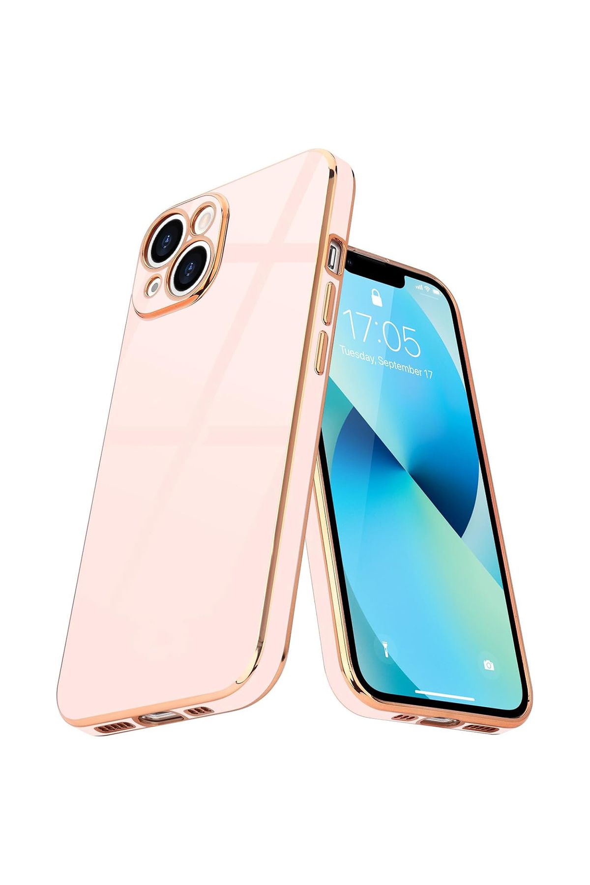Merwish iPhone 13 Uyumlu Lazer Kesim Gold Çerçeve Pembe Kapak Kılıf
