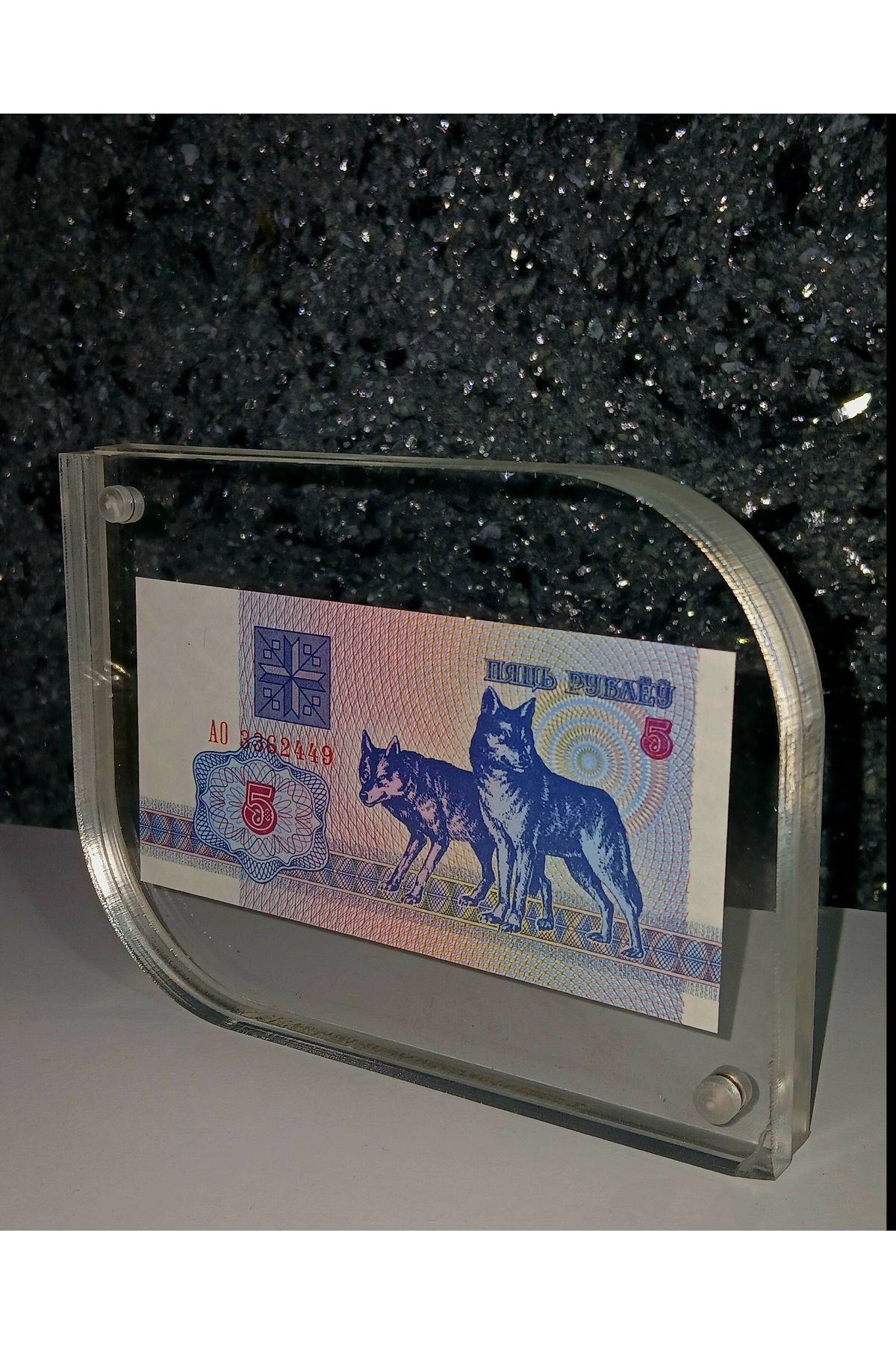 DÜZGÜN TİCARET Özel Pleksi Standında 1992 Yılı Beyaz Rusya 5 Ruble Kurtlu Çil