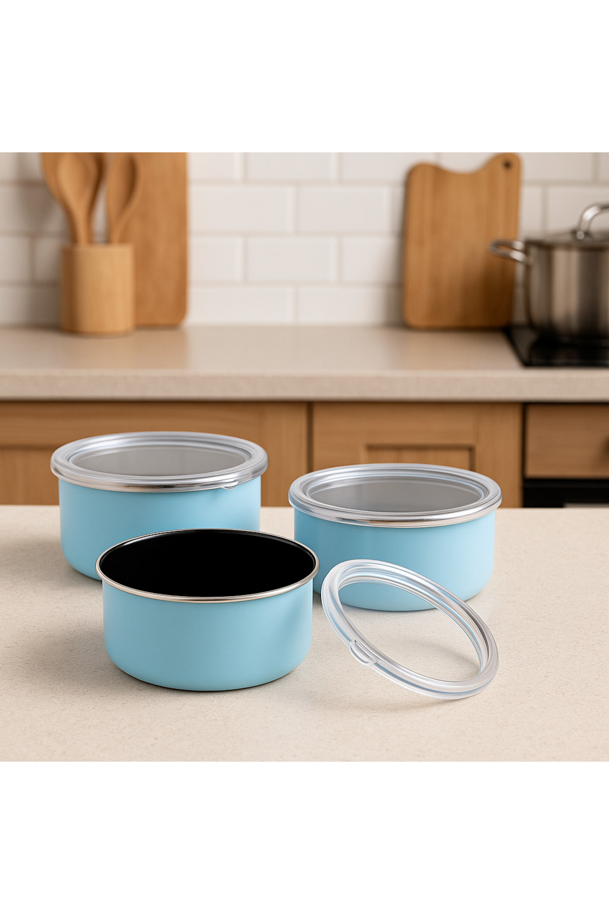Hanedan 3'lü Emaye Saklama Kabı Seti - 14 cm, 16 cm, 18 cm - Sızdırmaz Kapaklı, Metal Gövde