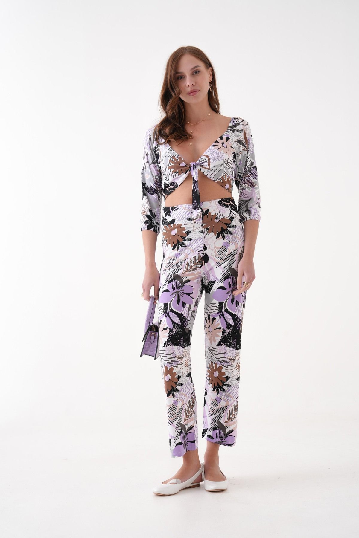 SHEMALL LUXURY Çiçek Desenli Crop Pantalon Mor Penye İkili Takım 25525