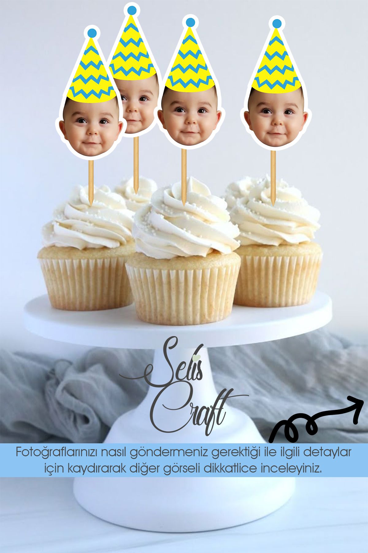 SelisCraft Fotoğraflı Doğum Günü Cupcake Pasta Süsü Kürdan Süslemesi 12 adet