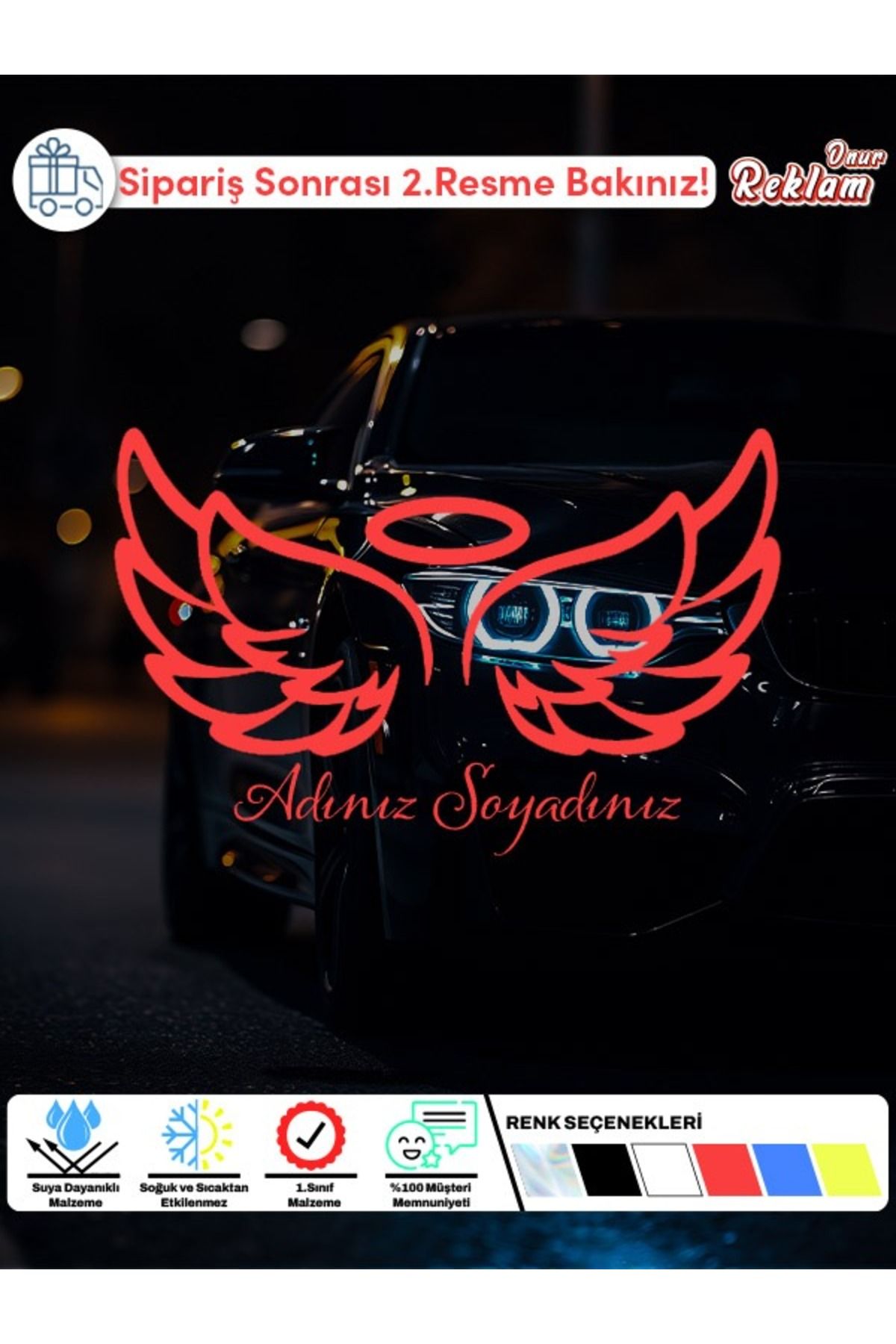 Onur Reklam Kişiye Özel Melek Kanadı Araç Sticker – İsim Yazılabilir – 15x22 cm
