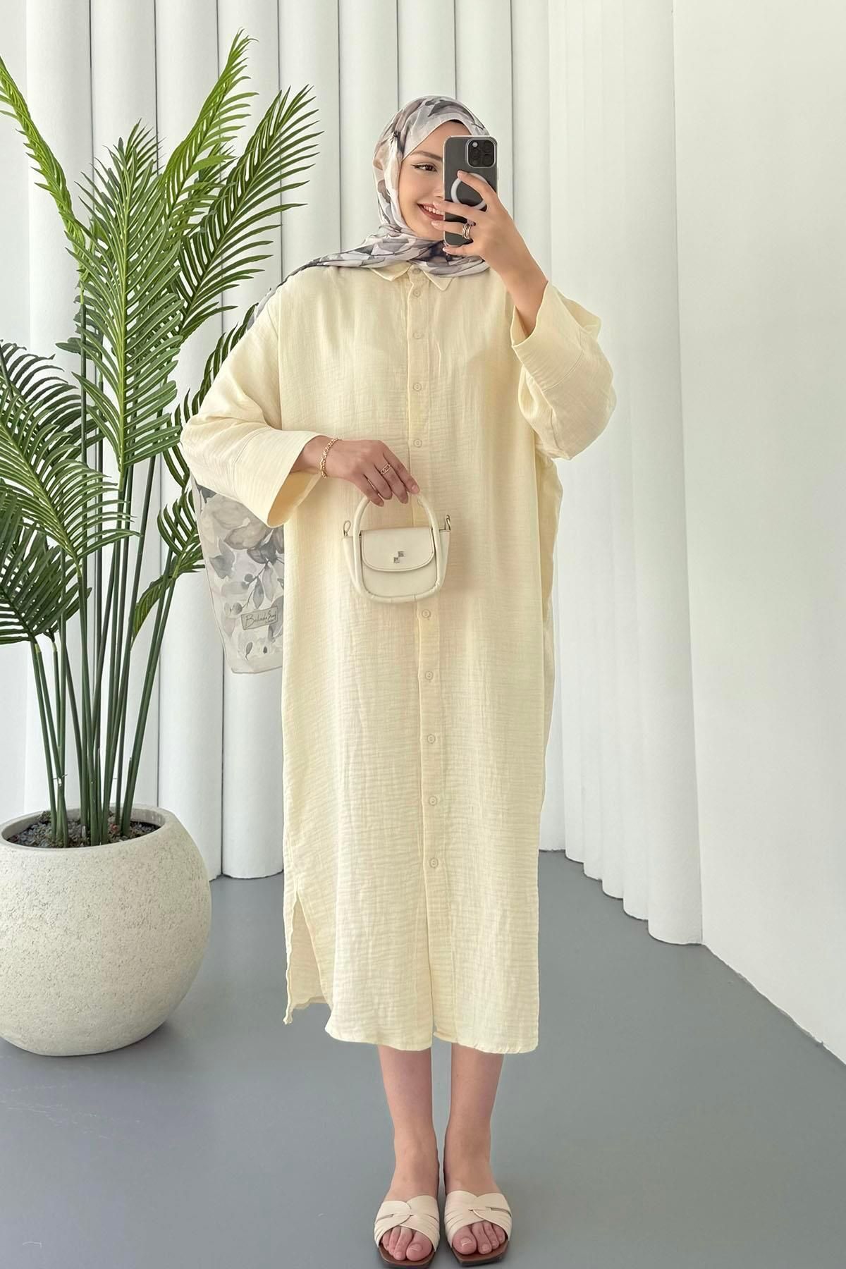 Modaensarbutik Boydan Düğmeli Geniş Kesim Araboy Tunik-TAŞ