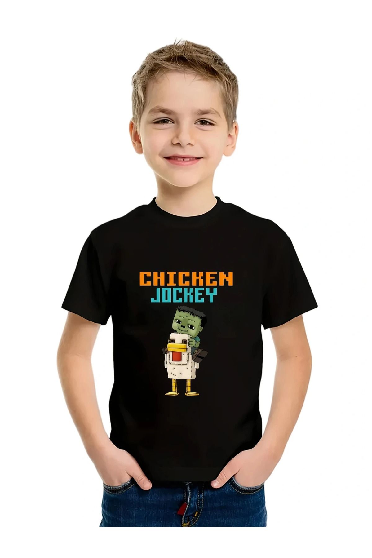 aynewmoda Erkek Çocuk Piksel Sanat Baskılı Tişört - "CHICKEN JOCKEY" Yazısı, Kısa Kollu Tişört