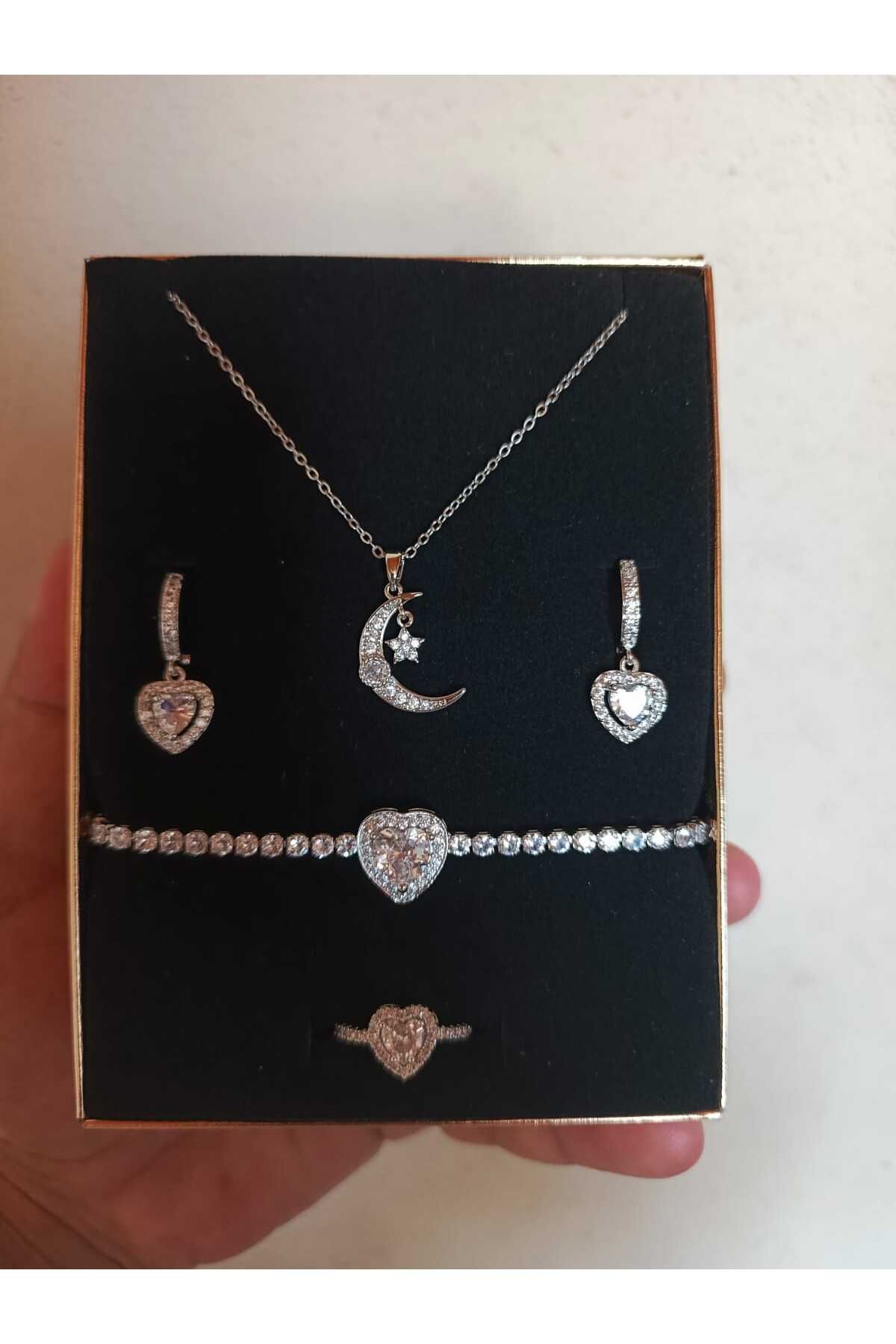 JUPİTER HOME Çelik Bileklik AY Yıldız Kolye Ve Yüzük Küpe Setti Arkadaşa Sevgiliye Dogum Günü Hediyesi