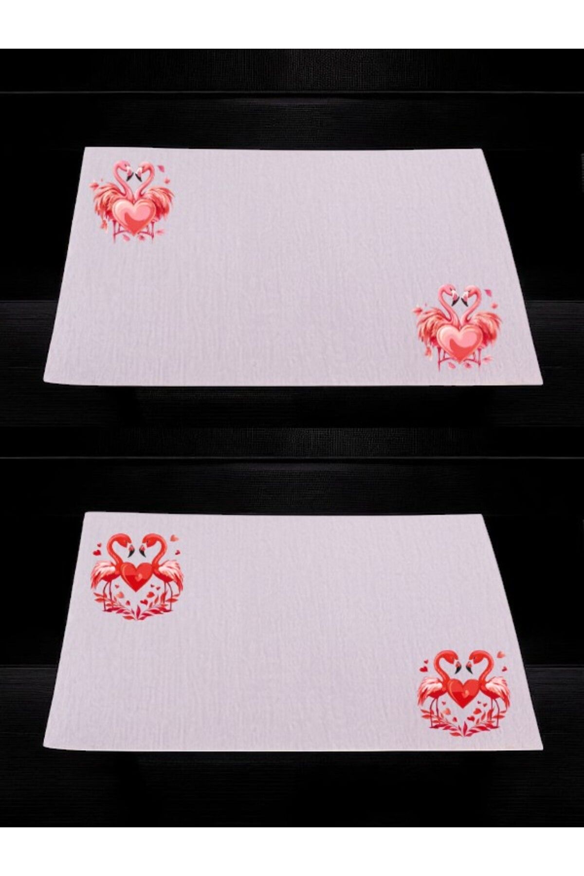 lili hediyelik Kalp Ve Flamengo Baskılı Mutfak Masası 2'li Keten Servis Bezi 28x40 Cm Amerikan Servis