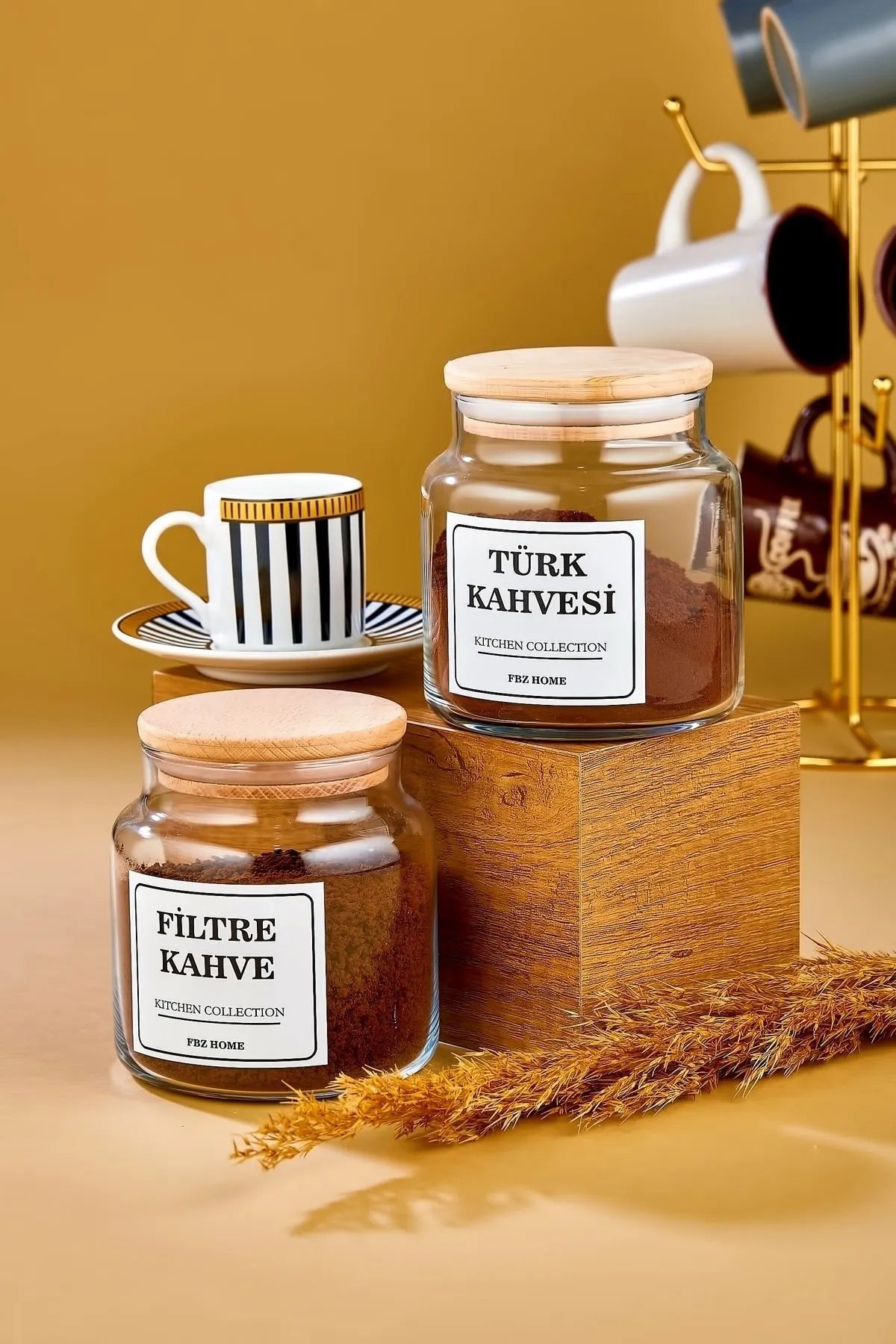 Reyok Home 2'li Ahşap Kapaklı Filtre Kahve & Türk Kahvesi Saklama Kabı 500 Ml Cam Kavanoz