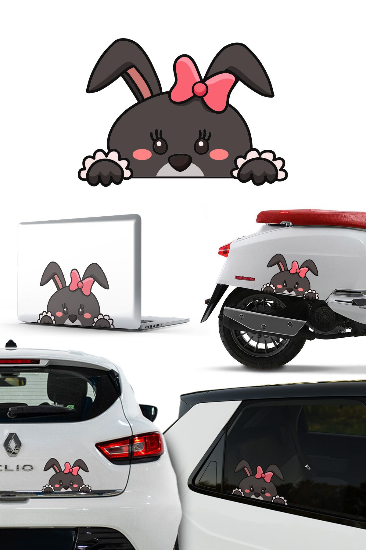 Black Sea Port Sevimli Tavşan Sticker – Araba, Cam, Motor, Laptop Uyumlu (19,5x14 cm)