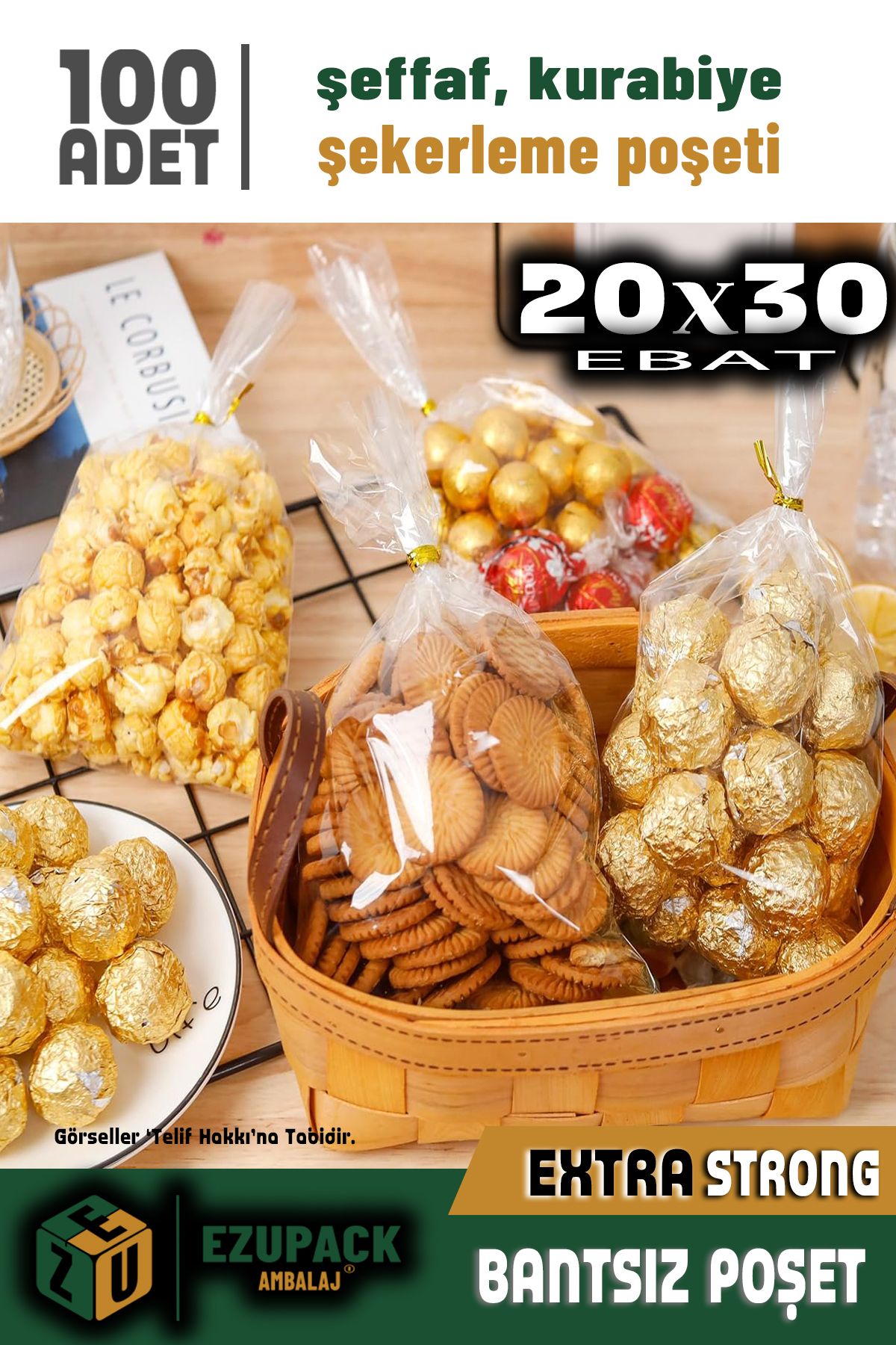 ASTOR AMBALAJ 100 Adet 20x30 Düz (BANTSIZ) Şeffaf Jelatin Parlak Kurabiye Aksesuar Poşeti Ambalaj Paketi