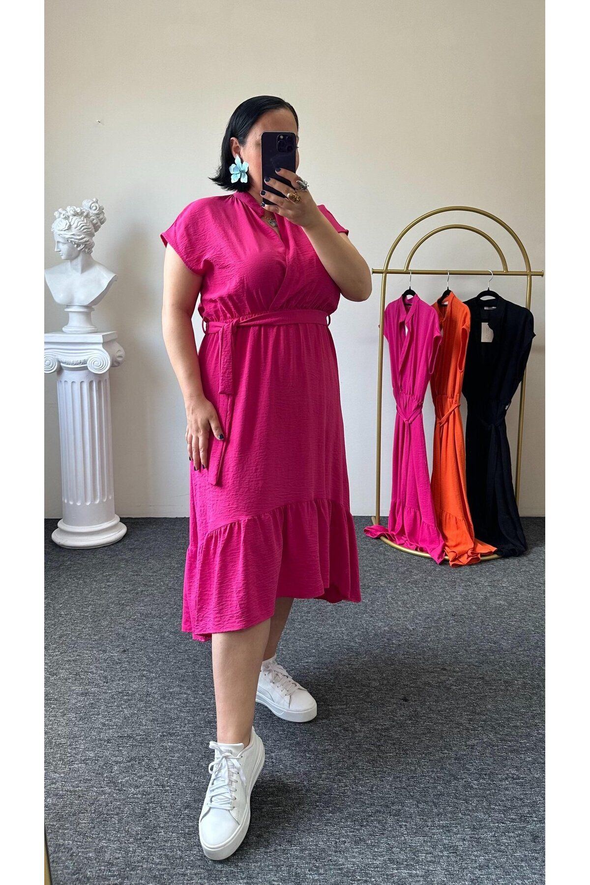 Vio Moda Büyük Beden Kruvaze Yaka Ayrobin Elbise