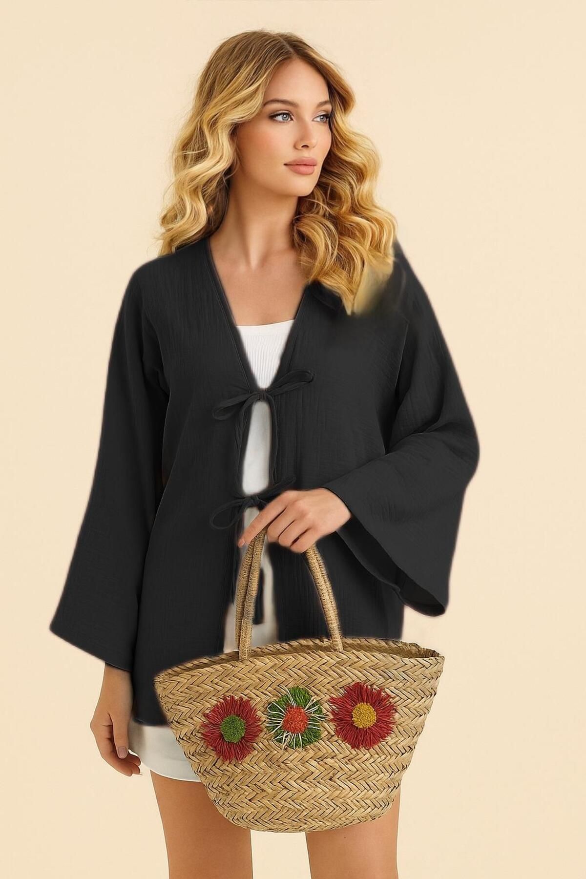 FİOXCO Çift Ön Bağlamalı %100 Muslin Kumaş Oversize Kimono Tunik Üst