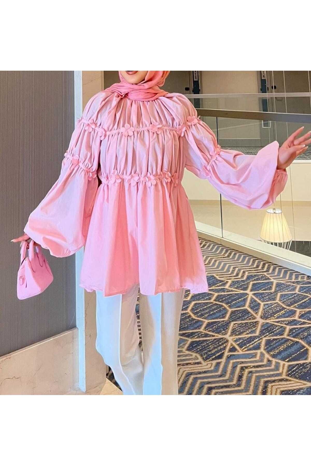 moda paketi Tesettür Tunik Poplin Çiçek detaylı