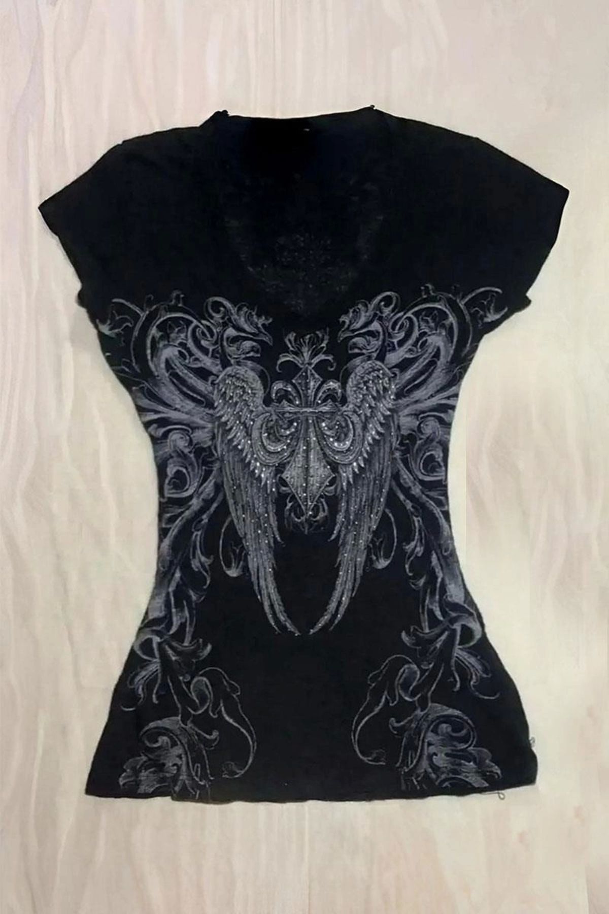 1blood Siyah Vintage Gothic Wing Kısa Kollu Crop