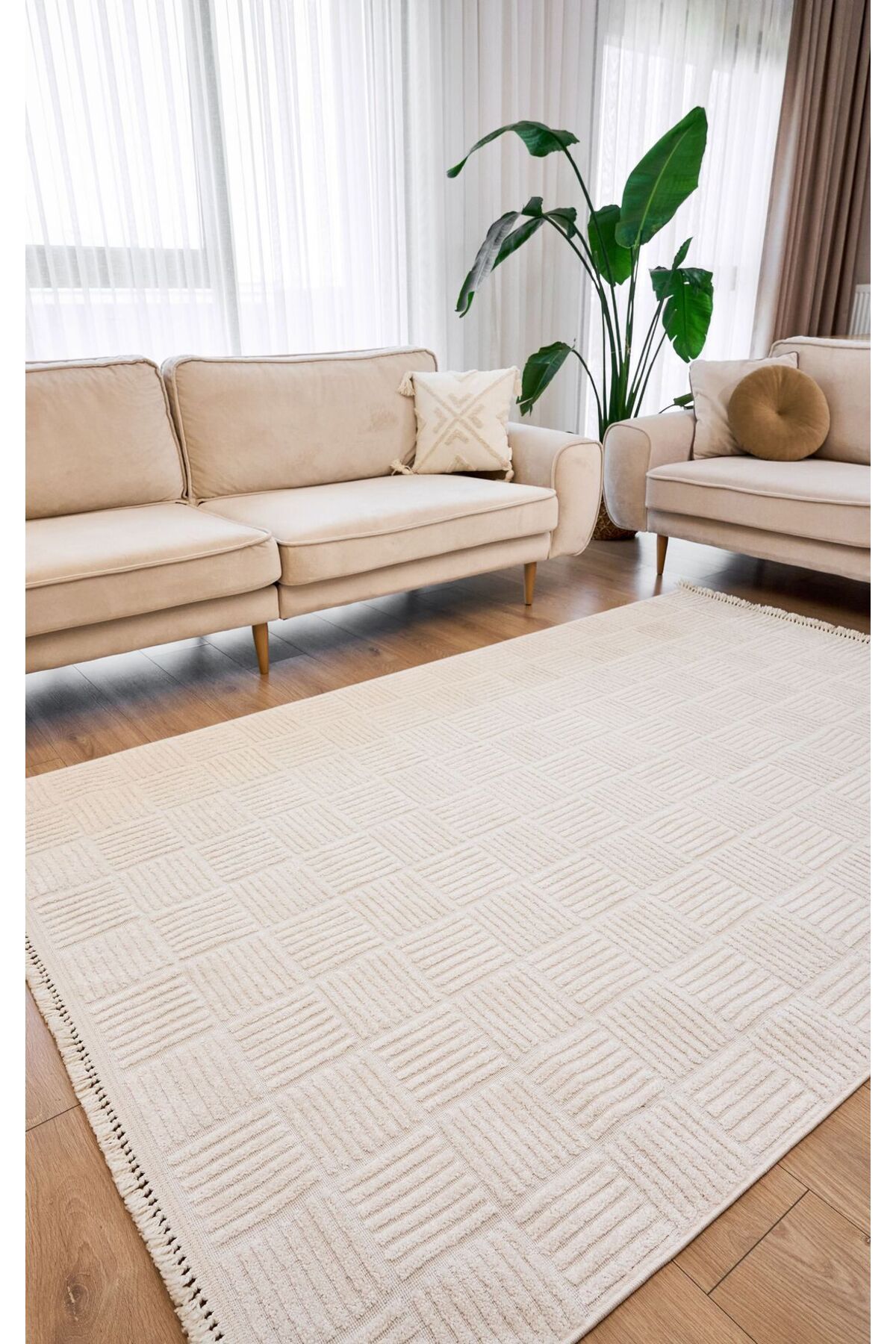 akbel halı & yatak exclusive home design Anemon 6821 Beyaz - Polyester Dokuma Halı | İskandinav Salon Halısı